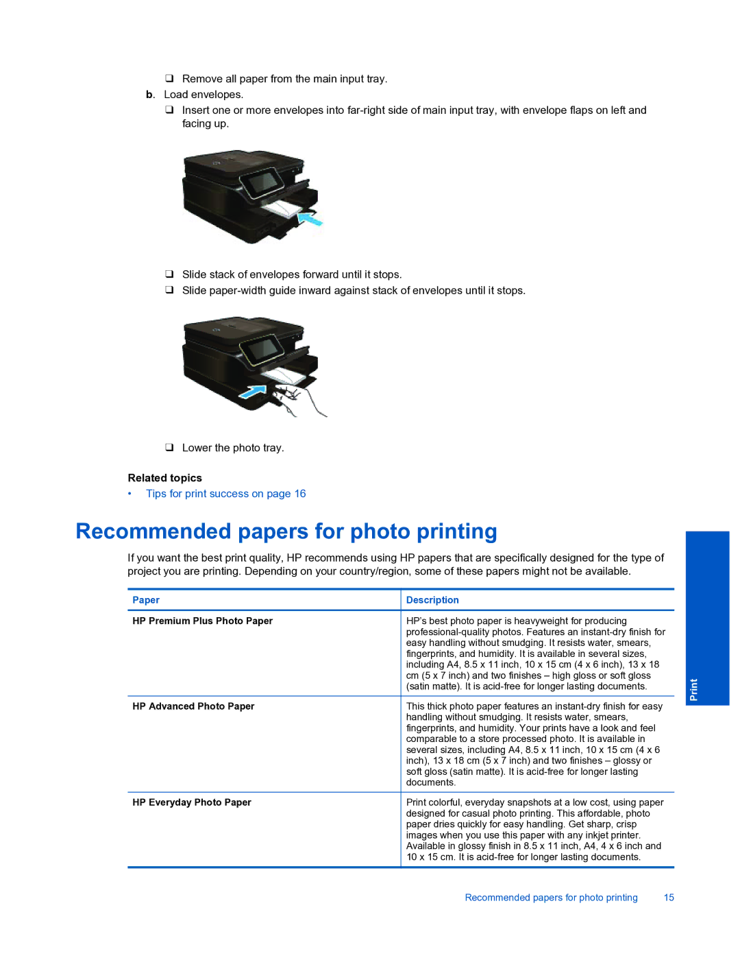 HP 7520 manual Recommended papers for photo printing, Paper Description 