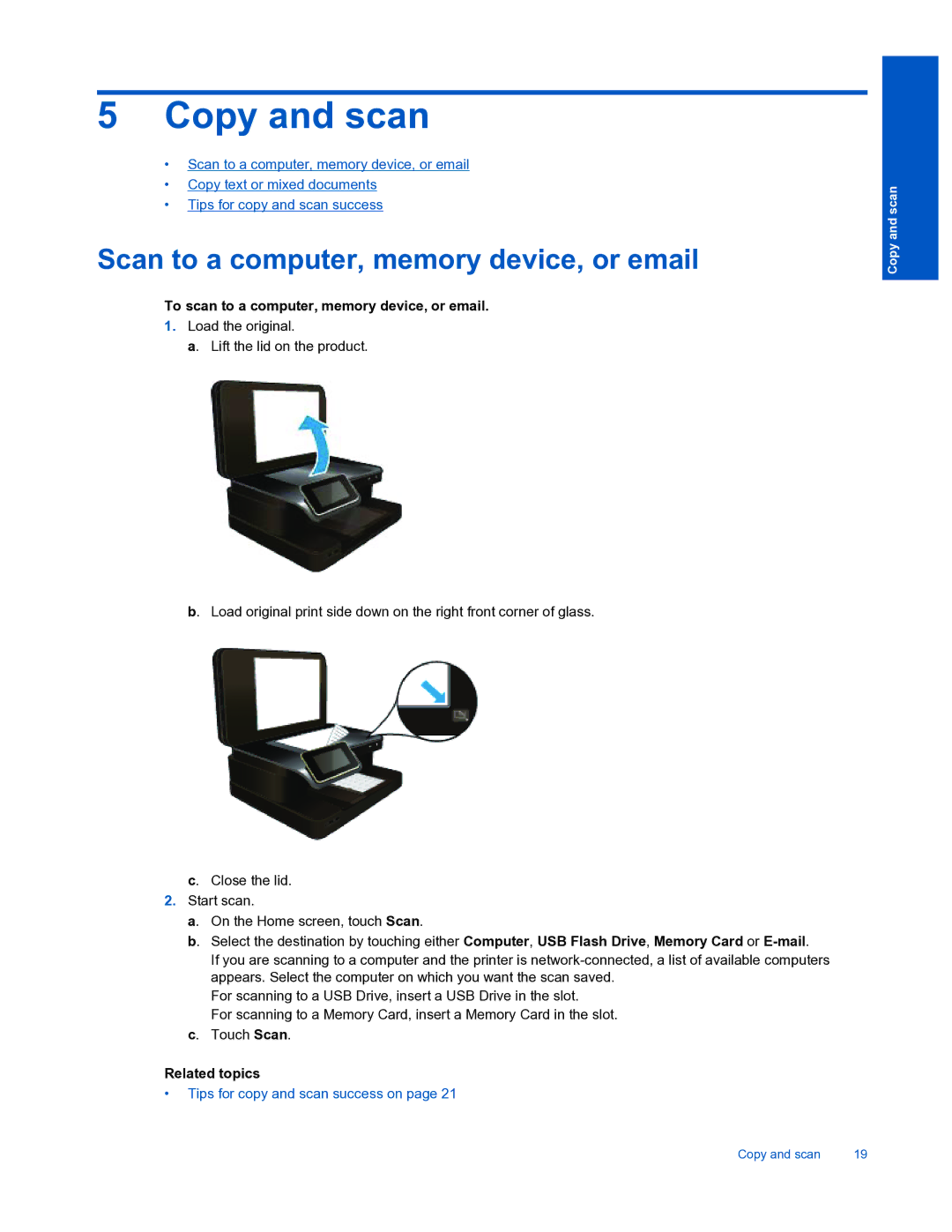 HP 7520 manual Copy and scan, Scan to a computer, memory device, or email, To scan to a computer, memory device, or email 