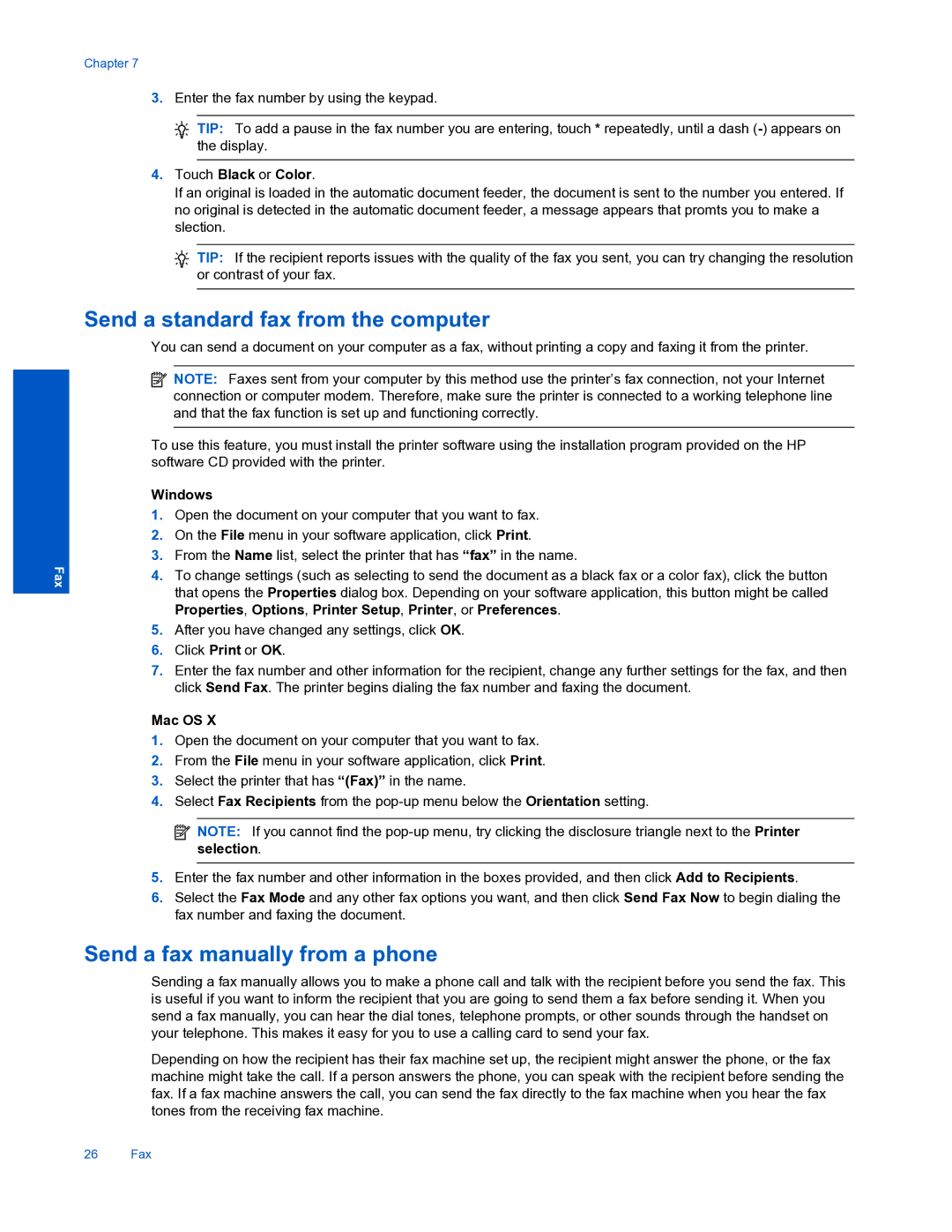 HP 7520 Send a standard fax from the computer, Send a fax manually from a phone, Touch Black or Color, Windows, Mac OS 