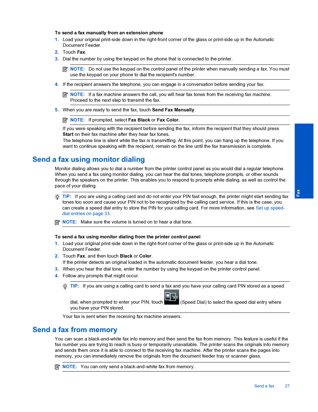 HP 7520 Send a fax using monitor dialing, Send a fax from memory, To send a fax manually from an extension phone 