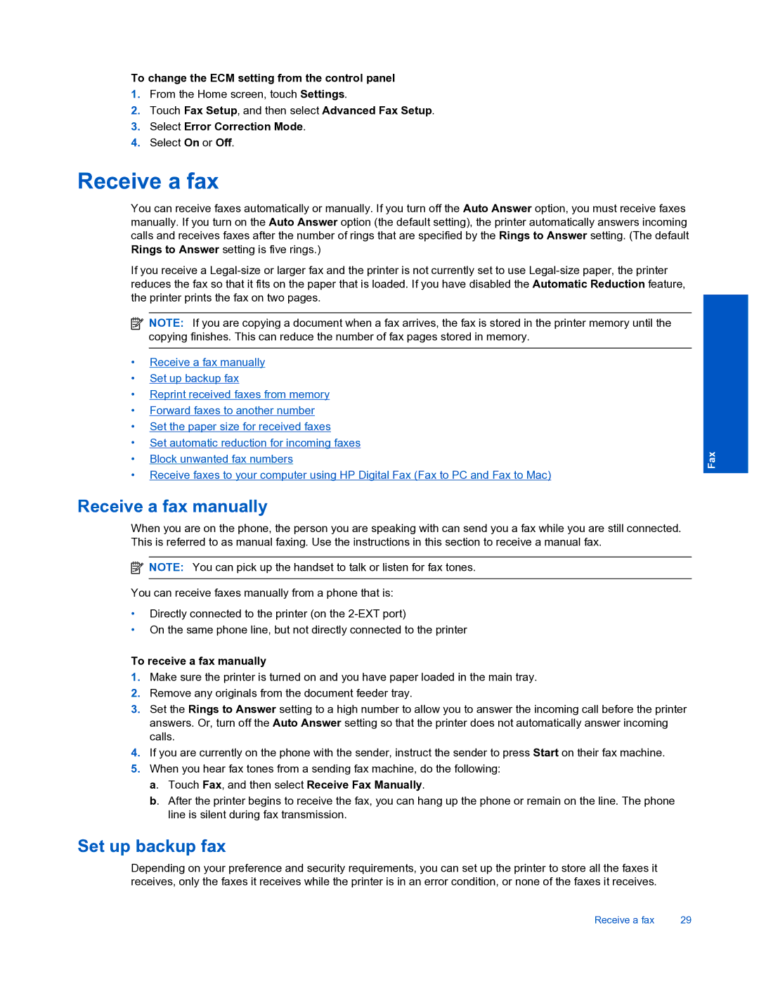 HP 7520 Receive a fax manually, Set up backup fax, To change the ECM setting from the control panel 