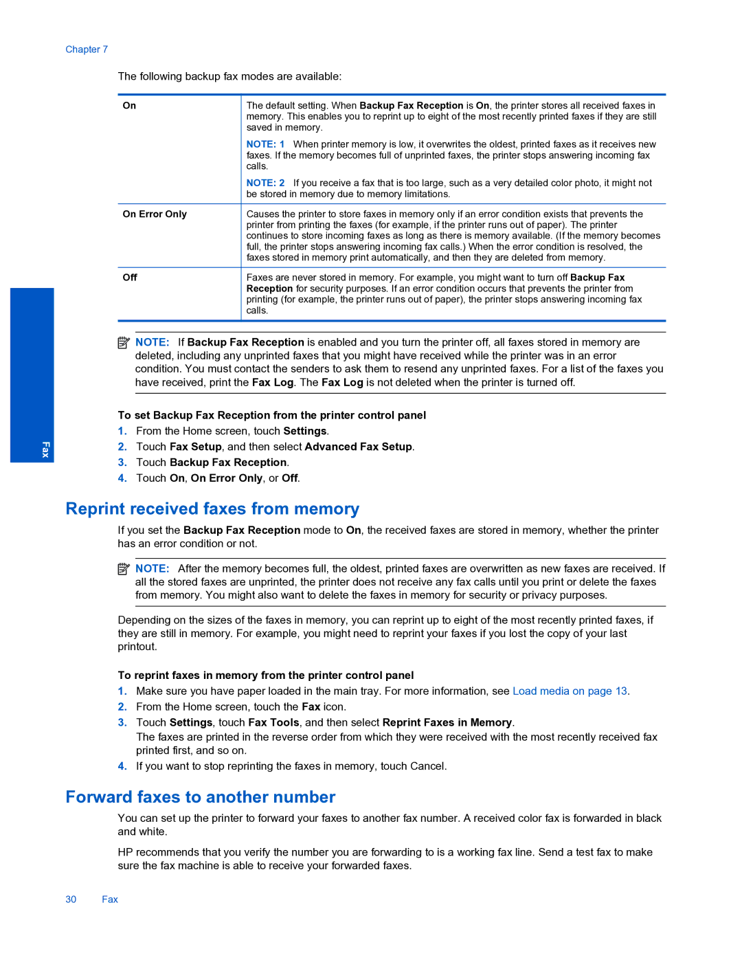 HP 7520 manual Reprint received faxes from memory, Forward faxes to another number 