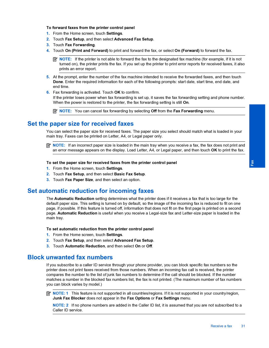 HP 7520 Set the paper size for received faxes, Set automatic reduction for incoming faxes, Block unwanted fax numbers 