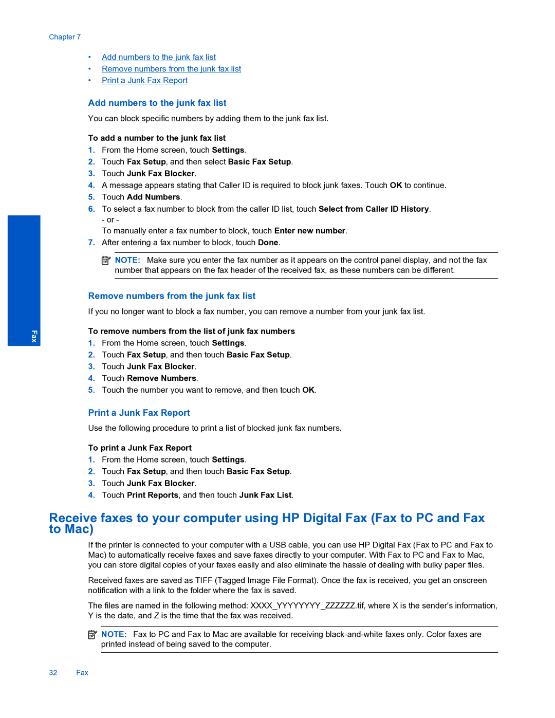 HP 7520 manual To add a number to the junk fax list, Touch Junk Fax Blocker, Touch Add Numbers, To print a Junk Fax Report 