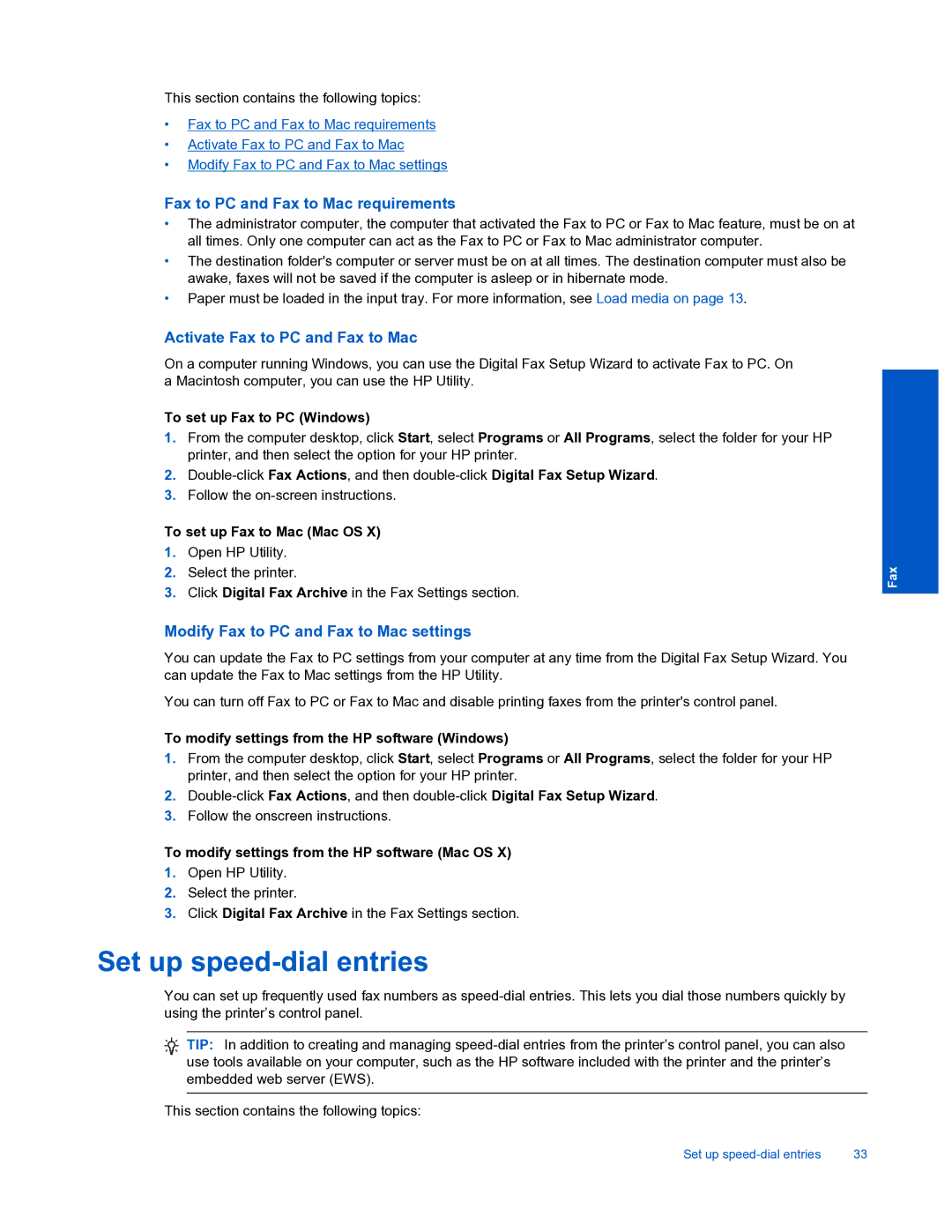 HP 7520 manual Set up speed-dial entries, To set up Fax to PC Windows, To set up Fax to Mac Mac OS 