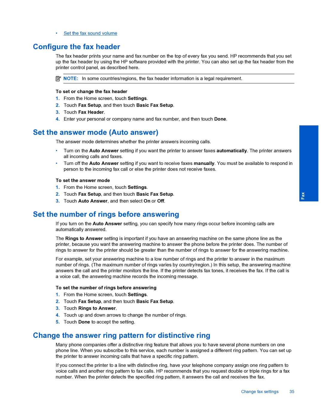 HP 7520 manual Configure the fax header, Set the answer mode Auto answer, Set the number of rings before answering 