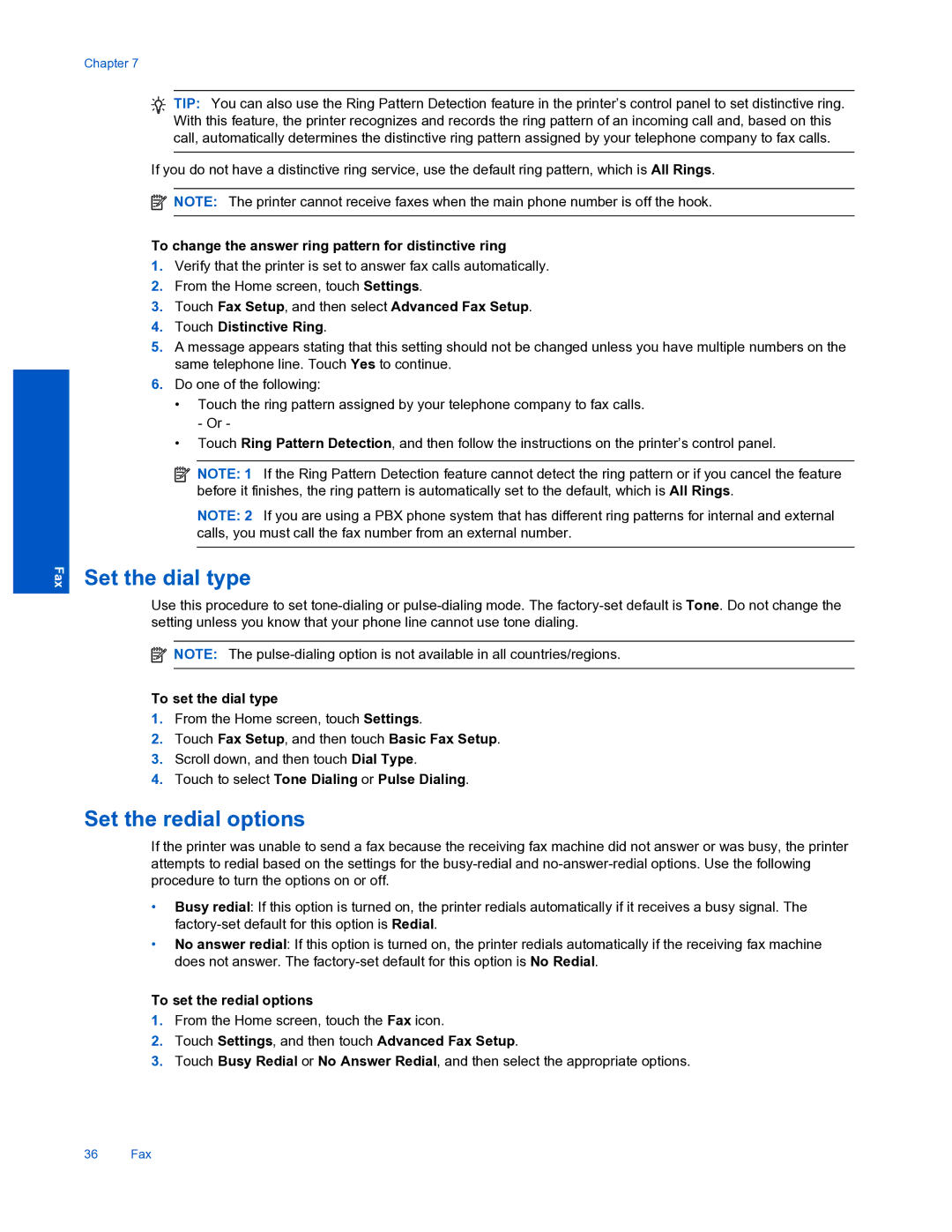 HP 7520 manual Set the dial type, Set the redial options 