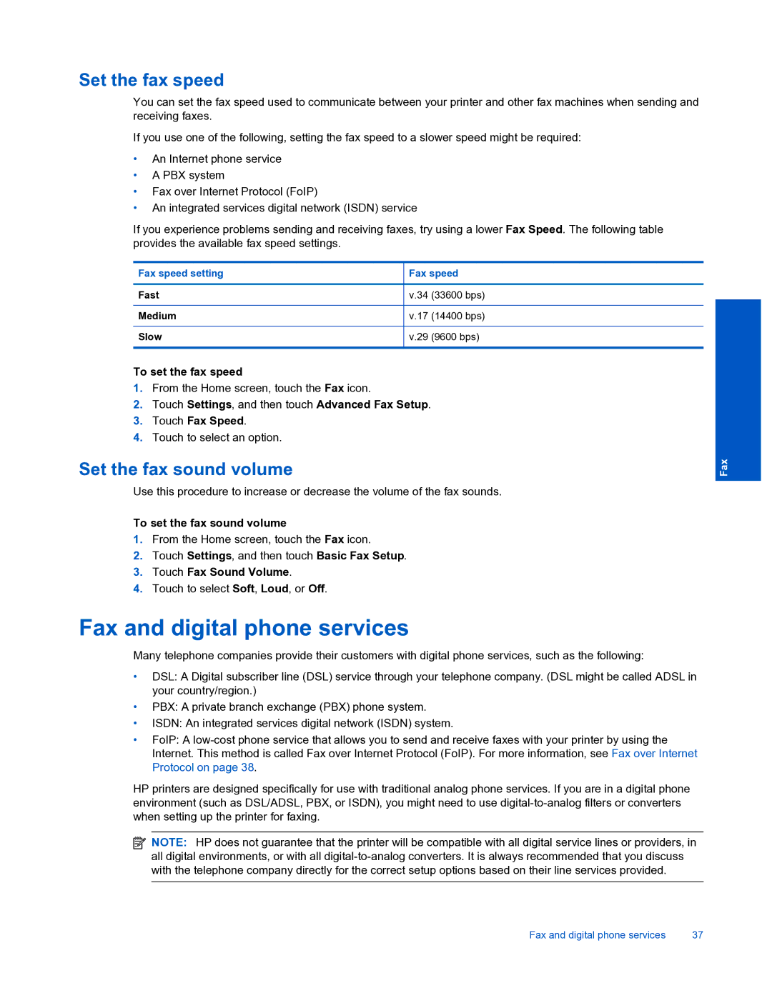 HP 7520 manual Fax and digital phone services, Set the fax speed, Set the fax sound volume 