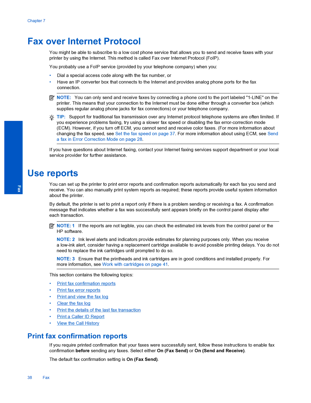 HP 7520 manual Fax over Internet Protocol, Use reports, Print fax confirmation reports 