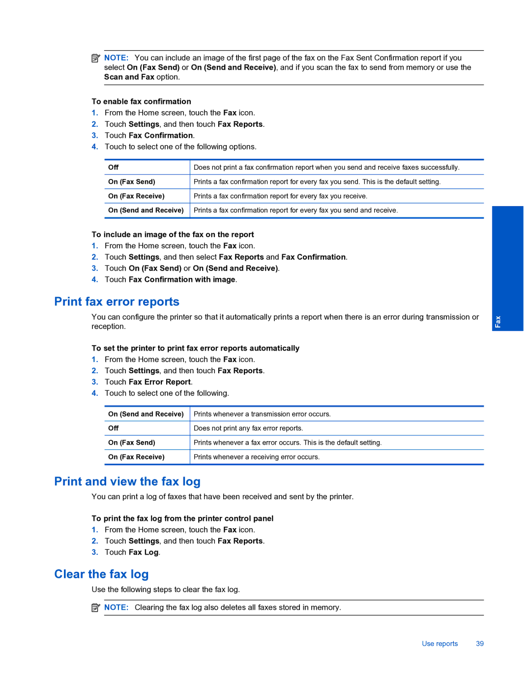 HP 7520 manual Print fax error reports, Print and view the fax log, Clear the fax log 