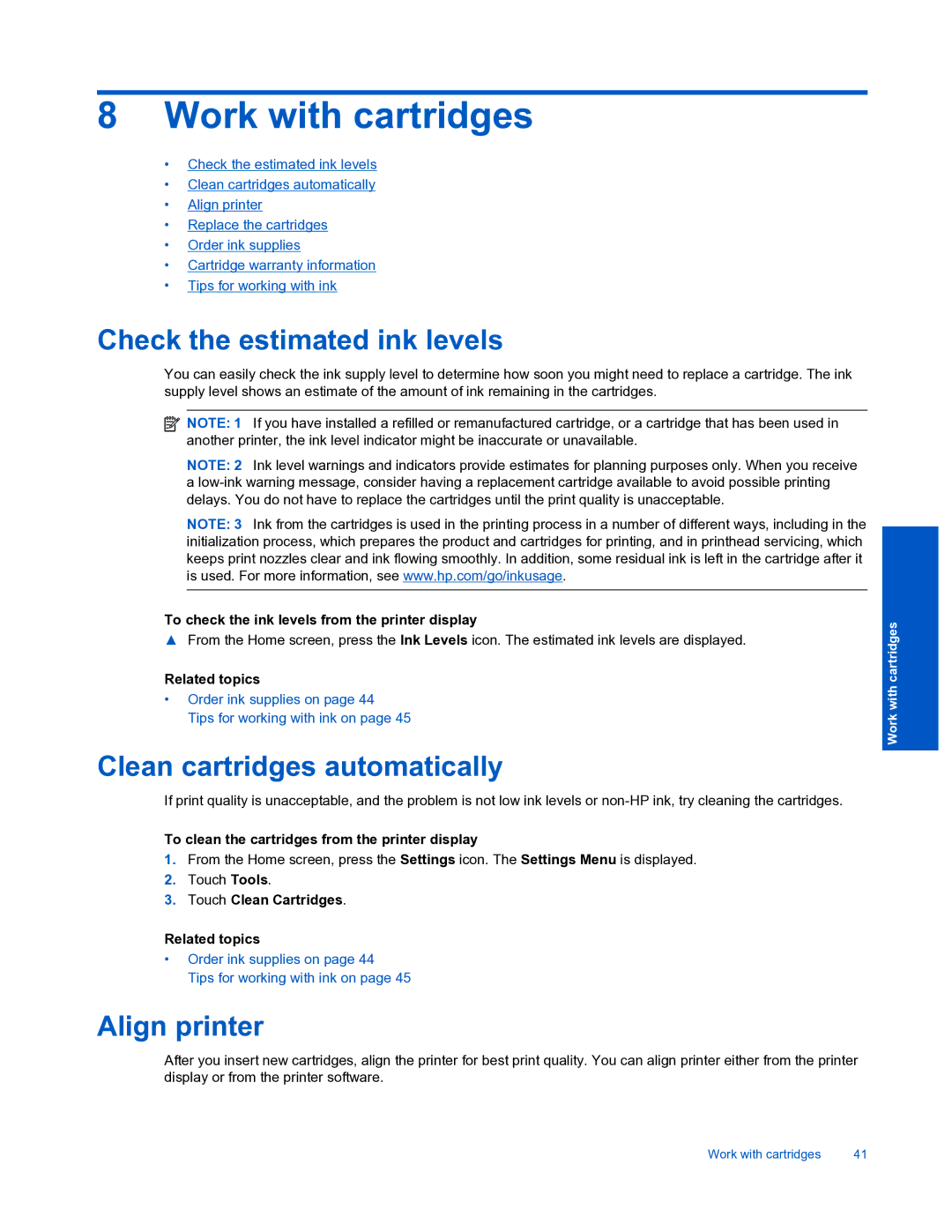 HP 7520 manual Work with cartridges, Check the estimated ink levels, Clean cartridges automatically, Align printer 