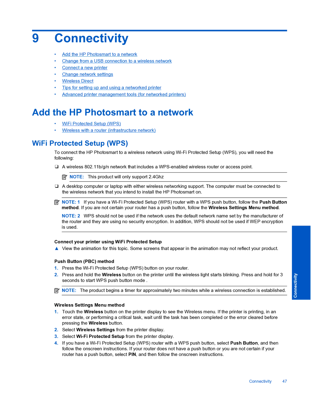 HP 7520 manual Connectivity, Add the HP Photosmart to a network, WiFi Protected Setup WPS 