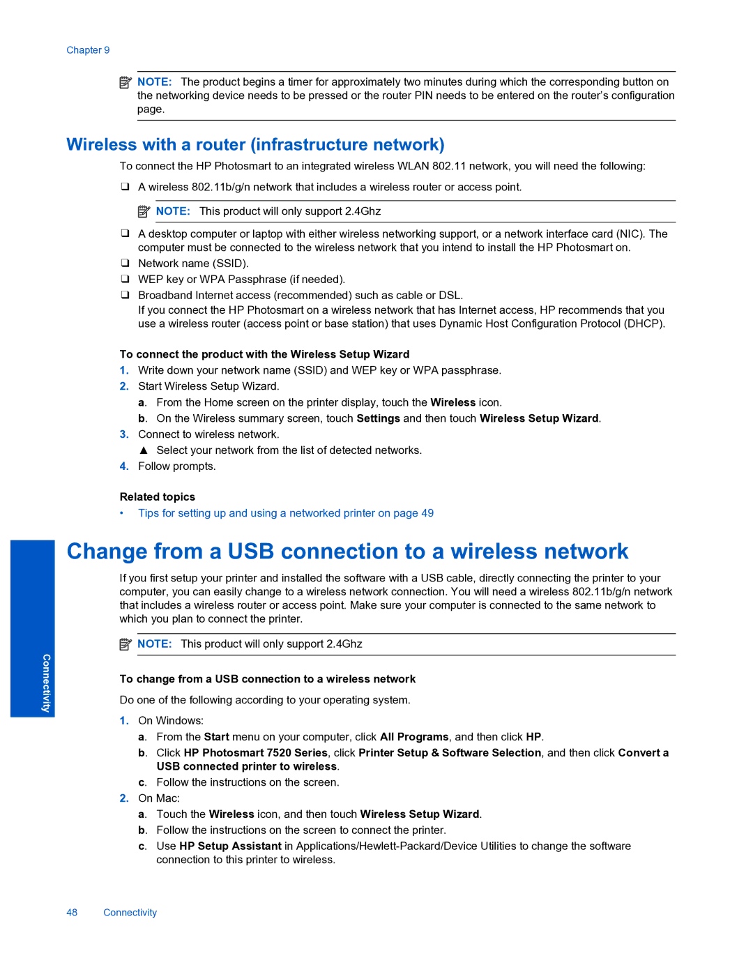 HP 7520 manual Change from a USB connection to a wireless network, Wireless with a router infrastructure network 