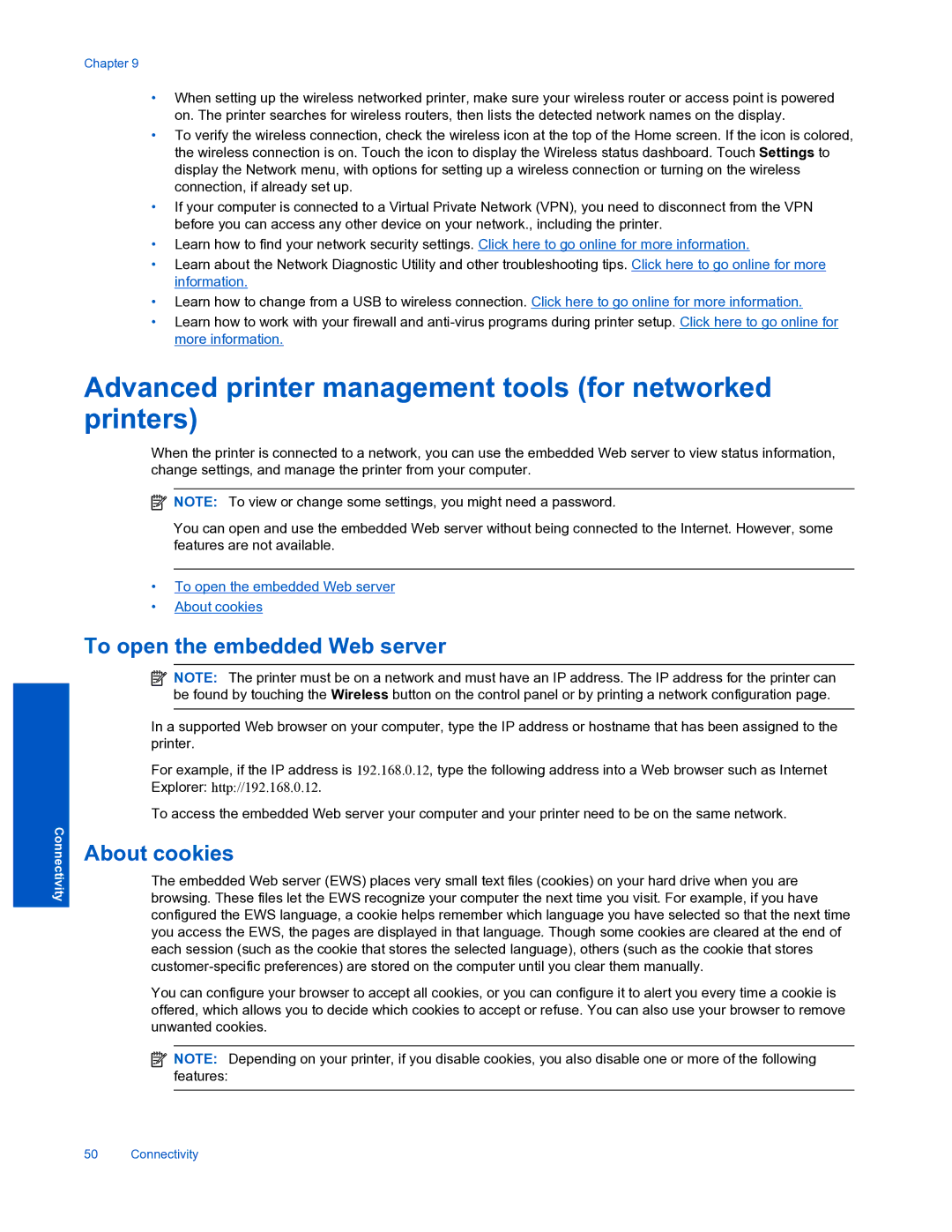 HP 7520 manual Advanced printer management tools for networked printers, To open the embedded Web server, About cookies 