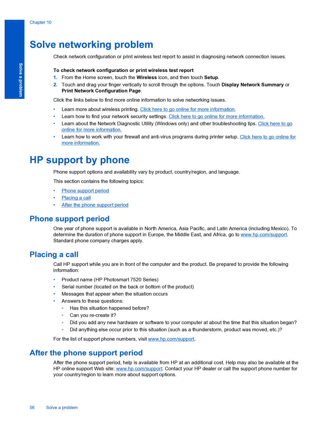 HP 7520 Solve networking problem, HP support by phone, Phone support period Placing a call, After the phone support period 