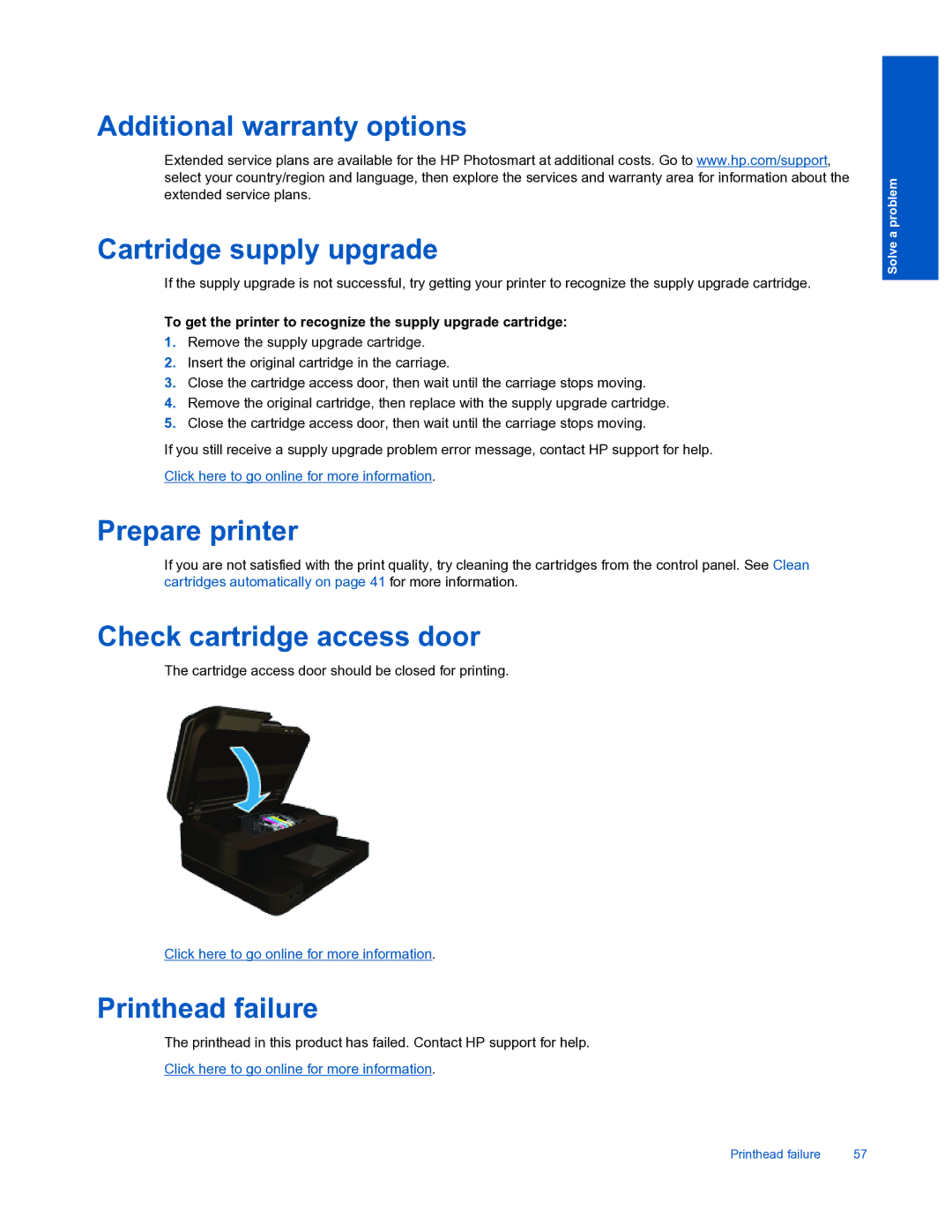 HP 7520 manual Additional warranty options Cartridge supply upgrade, Prepare printer, Check cartridge access door 