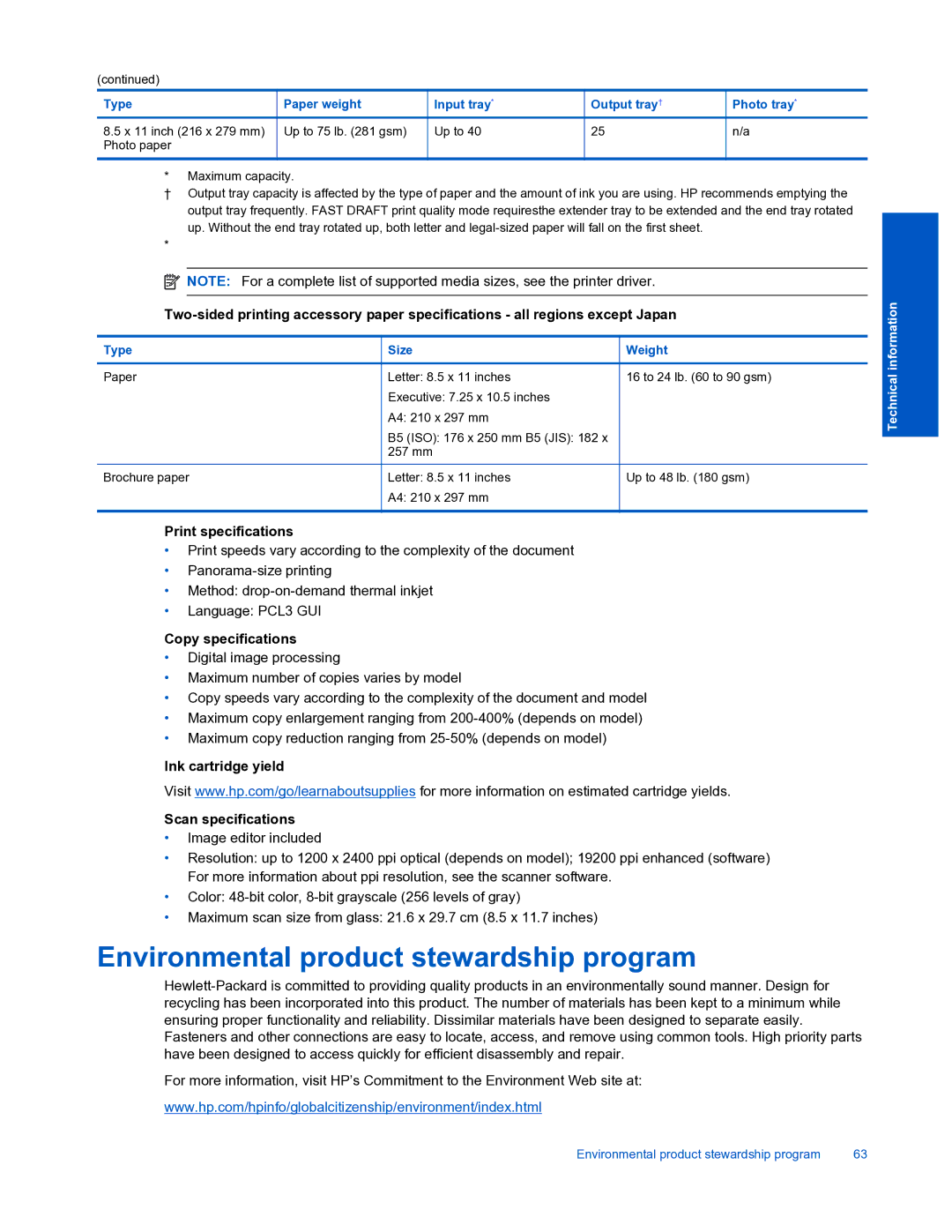 HP 7520 manual Environmental product stewardship program, Print specifications, Copy specifications 