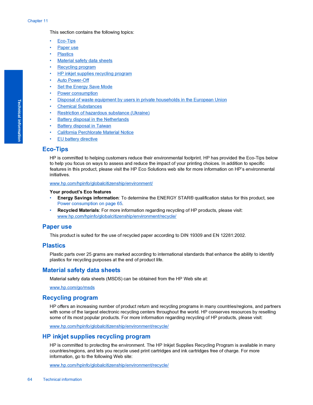 HP 7520 manual Eco-Tips, Paper use, Plastics, Material safety data sheets, Recycling program 