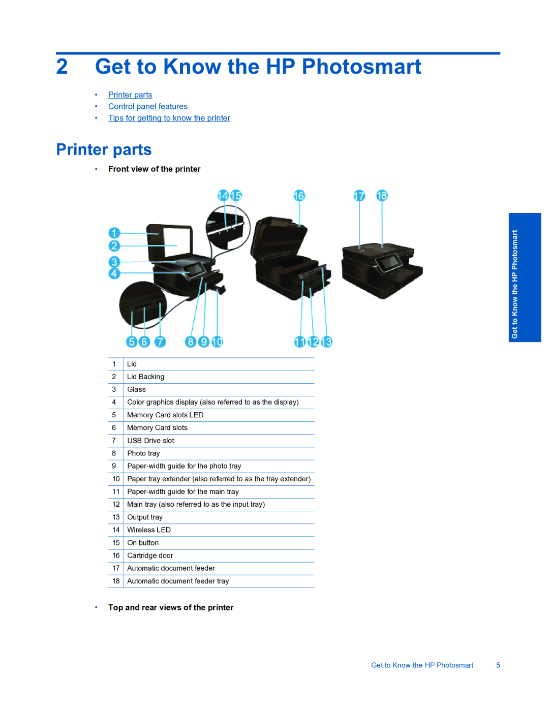 HP 7520 manual Get to Know the HP Photosmart, Printer parts, Front view of the printer, Top and rear views of the printer 