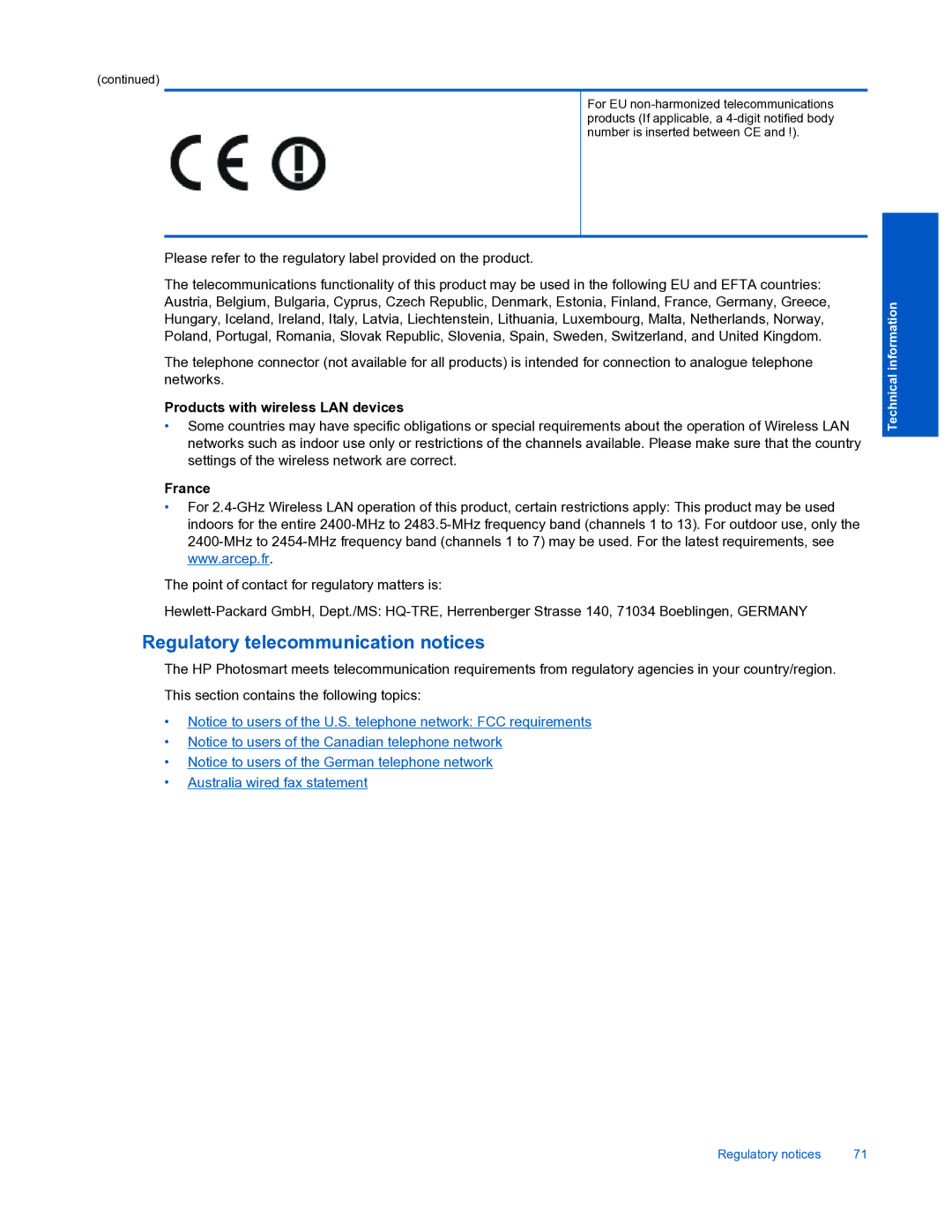 HP 7520 manual Regulatory telecommunication notices, Products with wireless LAN devices, France 