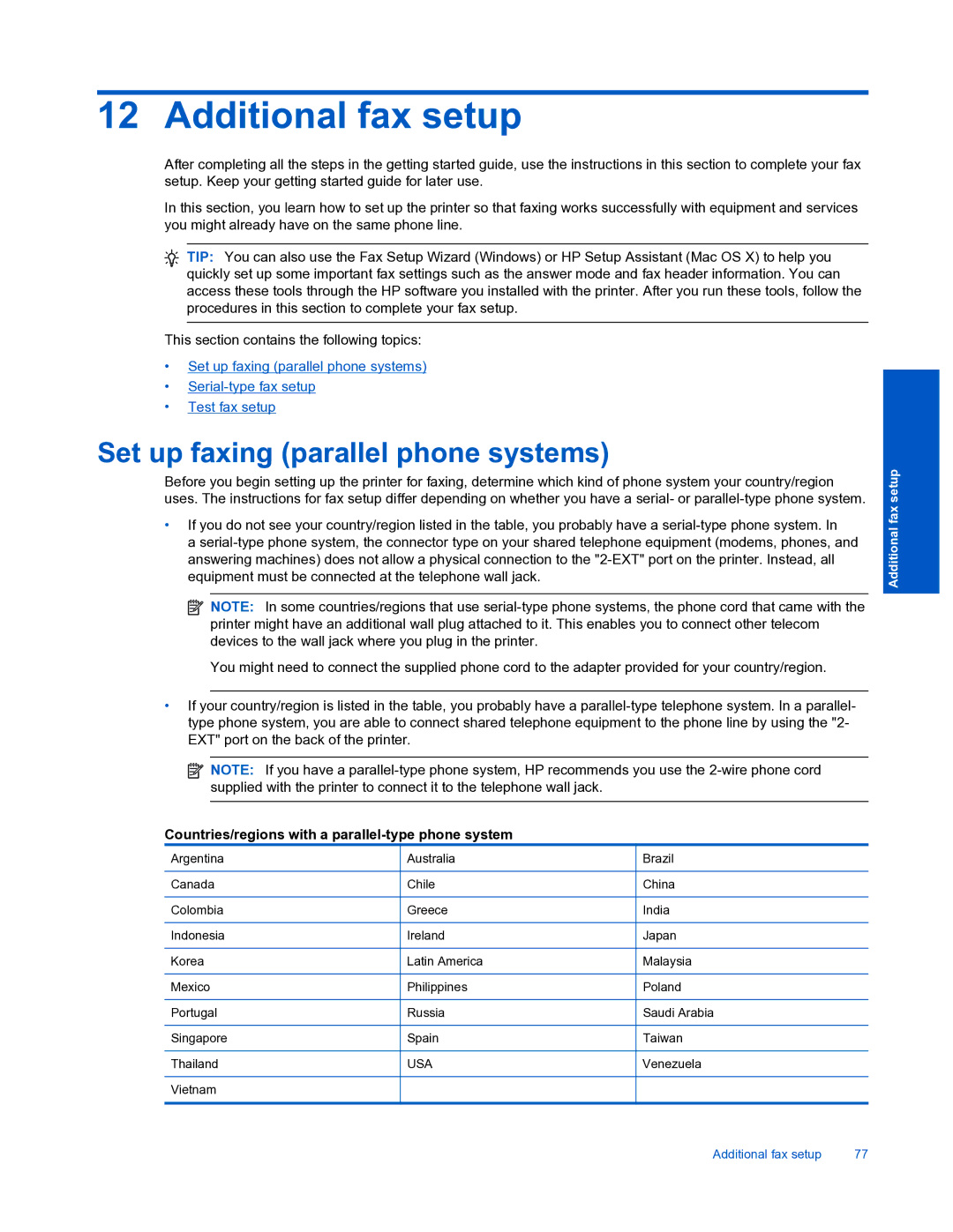 HP 7520 Additional fax setup, Set up faxing parallel phone systems, Countries/regions with a parallel-type phone system 