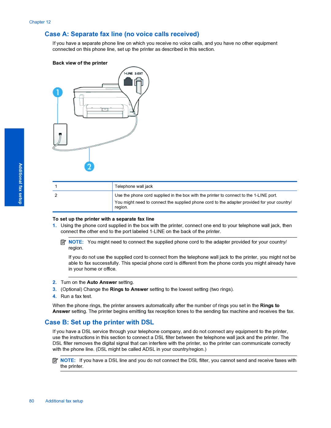 HP 7520 Case a Separate fax line no voice calls received, Case B Set up the printer with DSL, Back view of the printer 