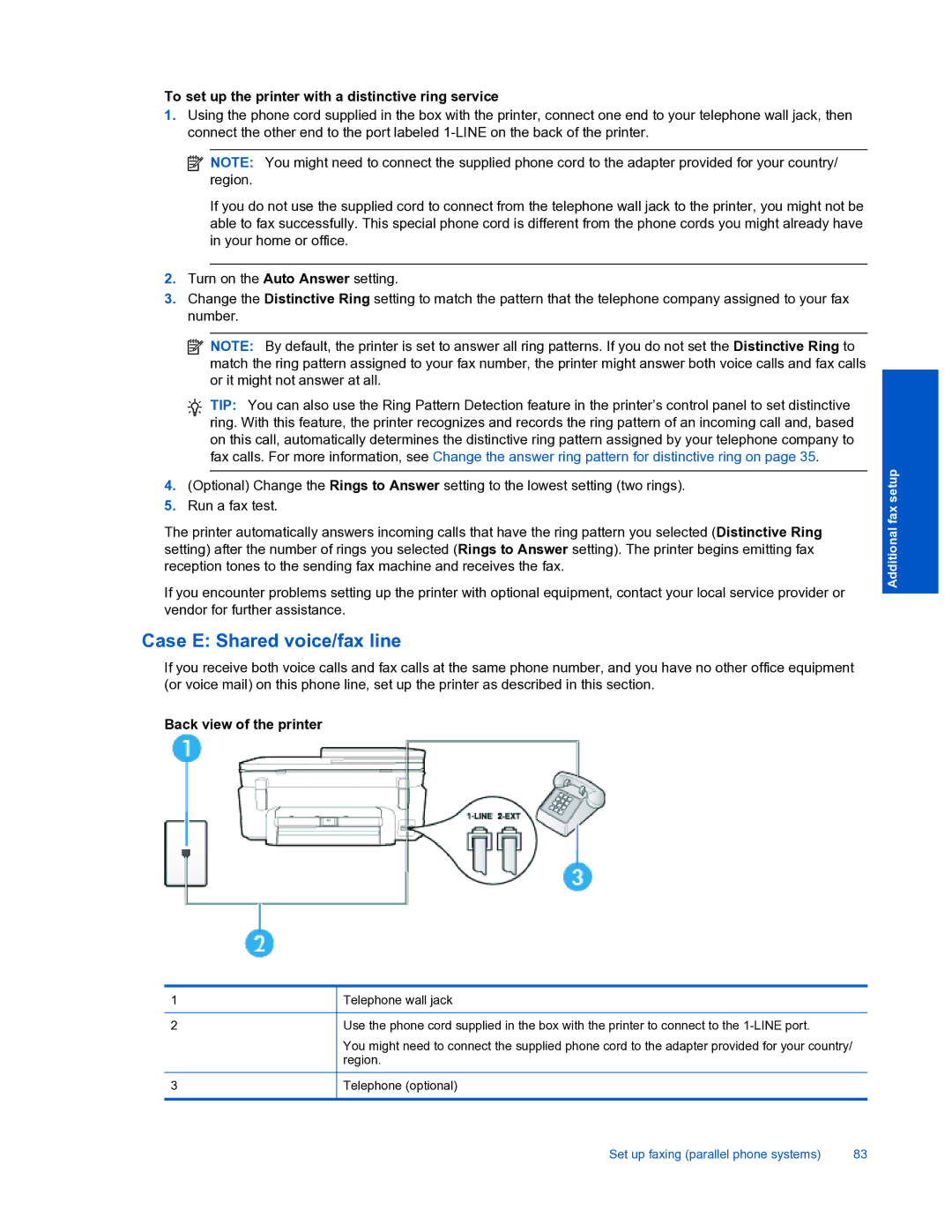 HP 7520 manual Case E Shared voice/fax line, To set up the printer with a distinctive ring service 