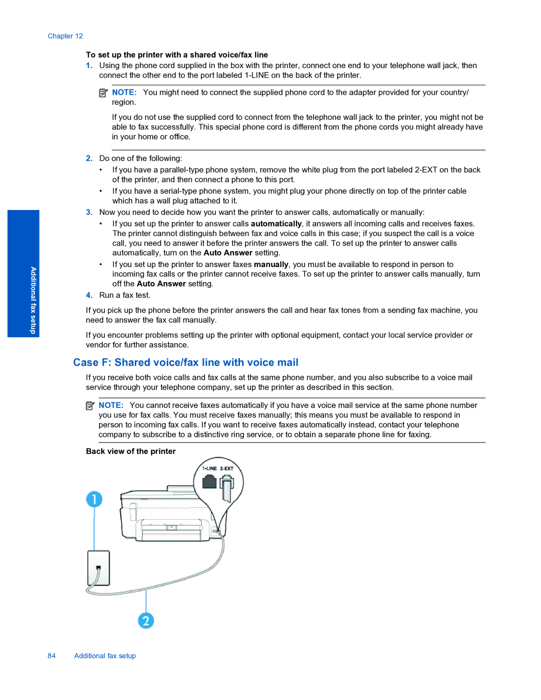 HP 7520 manual Case F Shared voice/fax line with voice mail, To set up the printer with a shared voice/fax line 