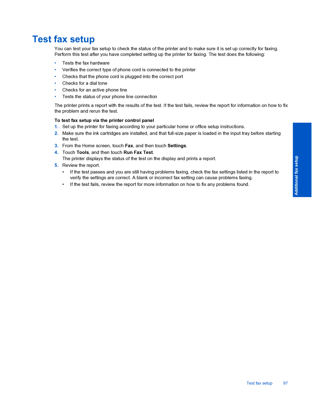 HP 7520 manual Test fax setup, To test fax setup via the printer control panel 