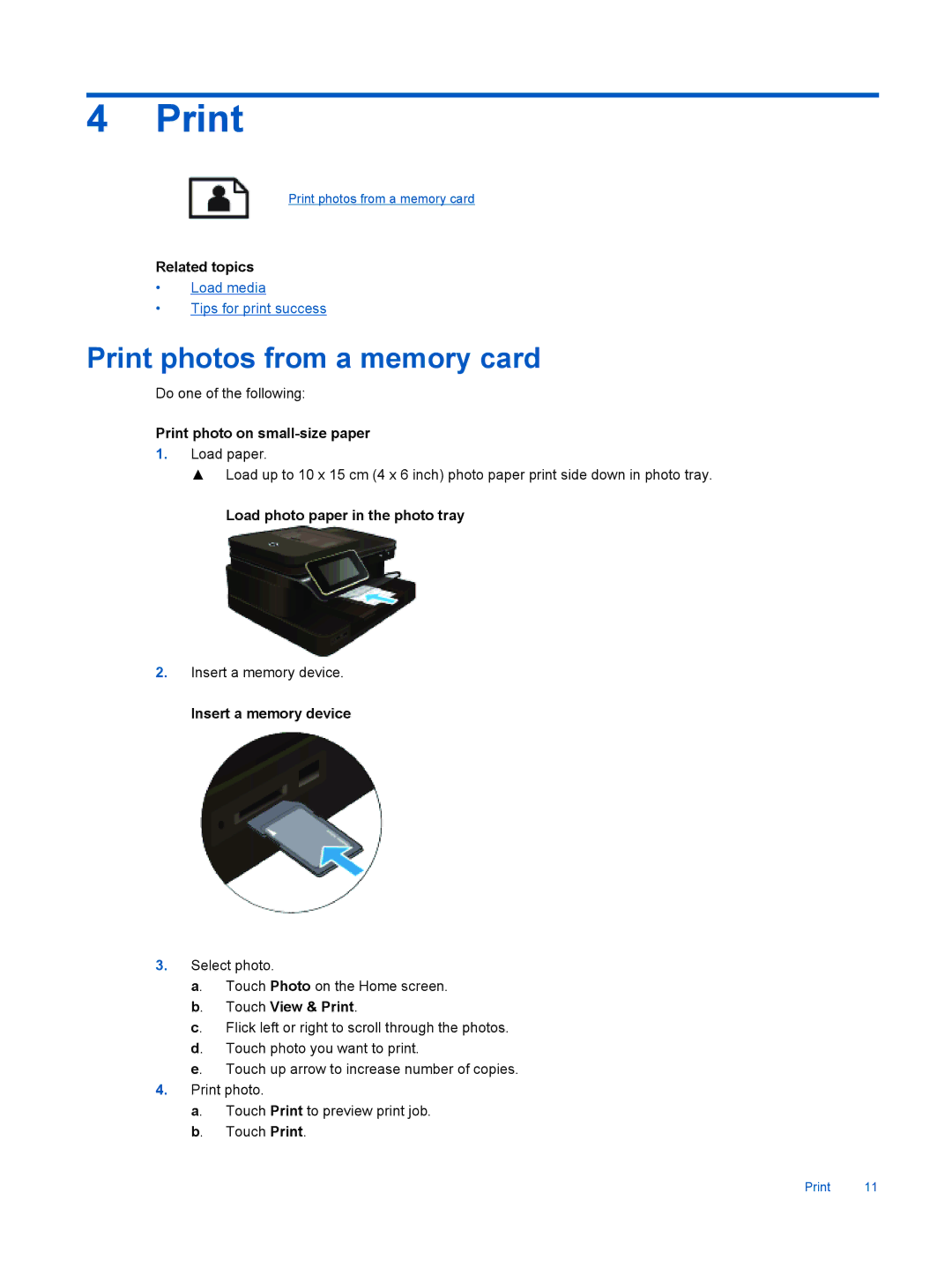 HP 7520, 7525 manual Print photos from a memory card 