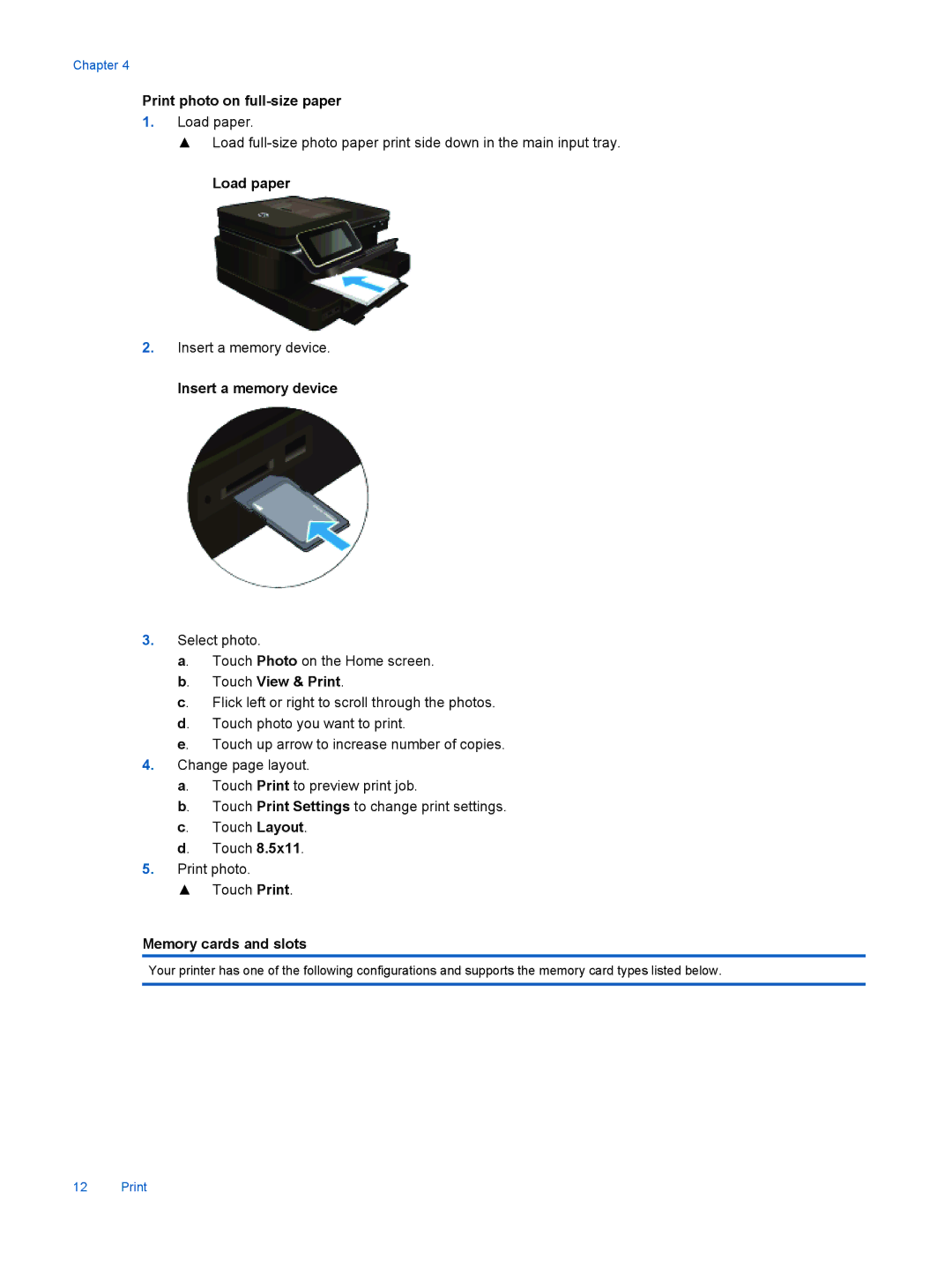 HP 7525, 7520 manual Print photo on full-size paper, Load paper, Memory cards and slots 