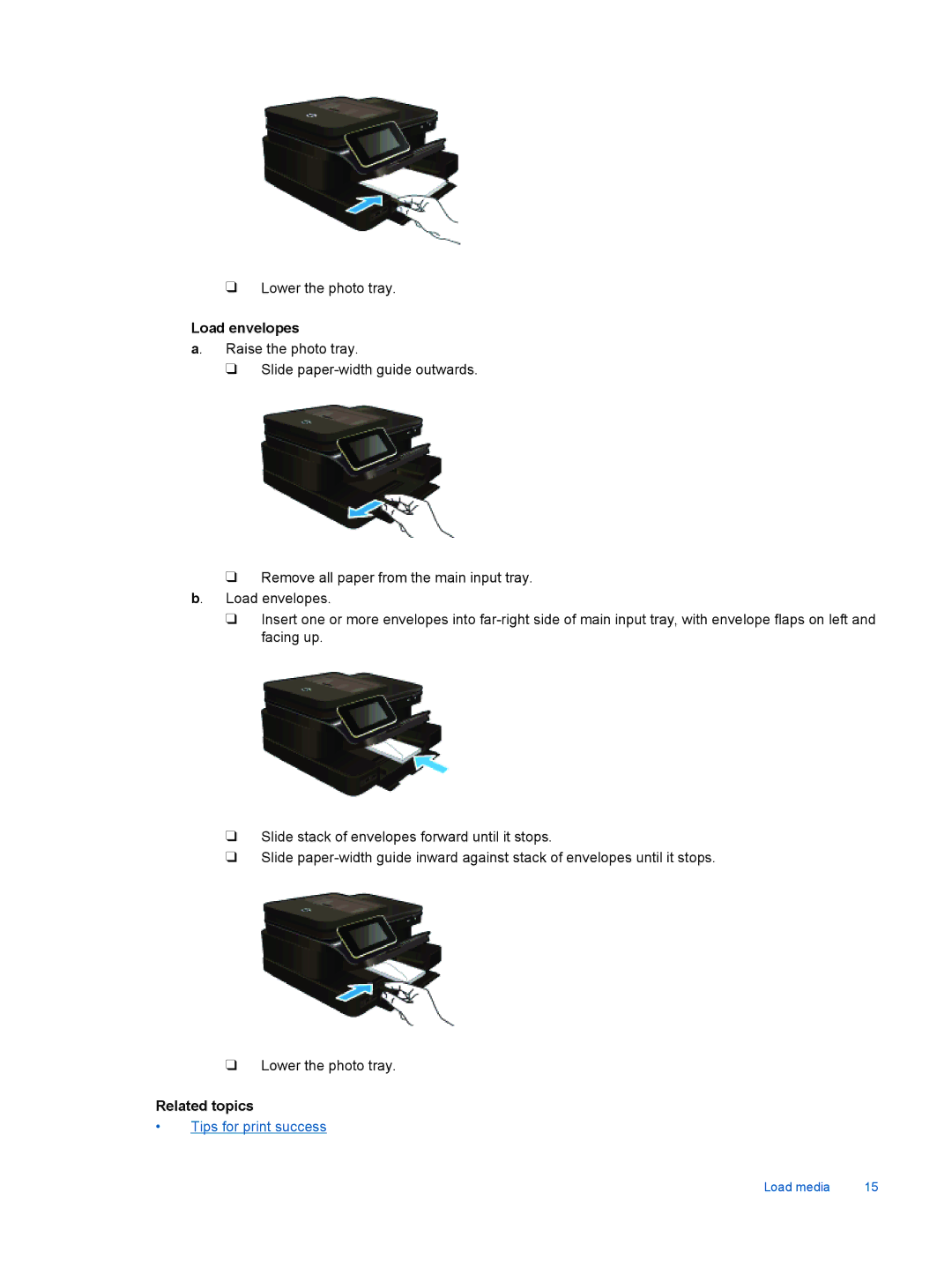 HP 7520, 7525 manual Load envelopes, Related topics 