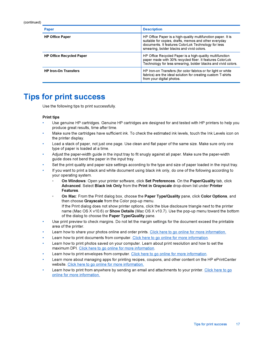 HP 7520, 7525 manual Tips for print success, Print tips 