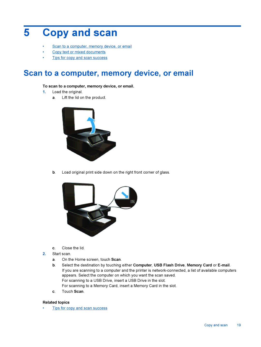 HP 7520, 7525 Copy and scan, Scan to a computer, memory device, or email, To scan to a computer, memory device, or email 