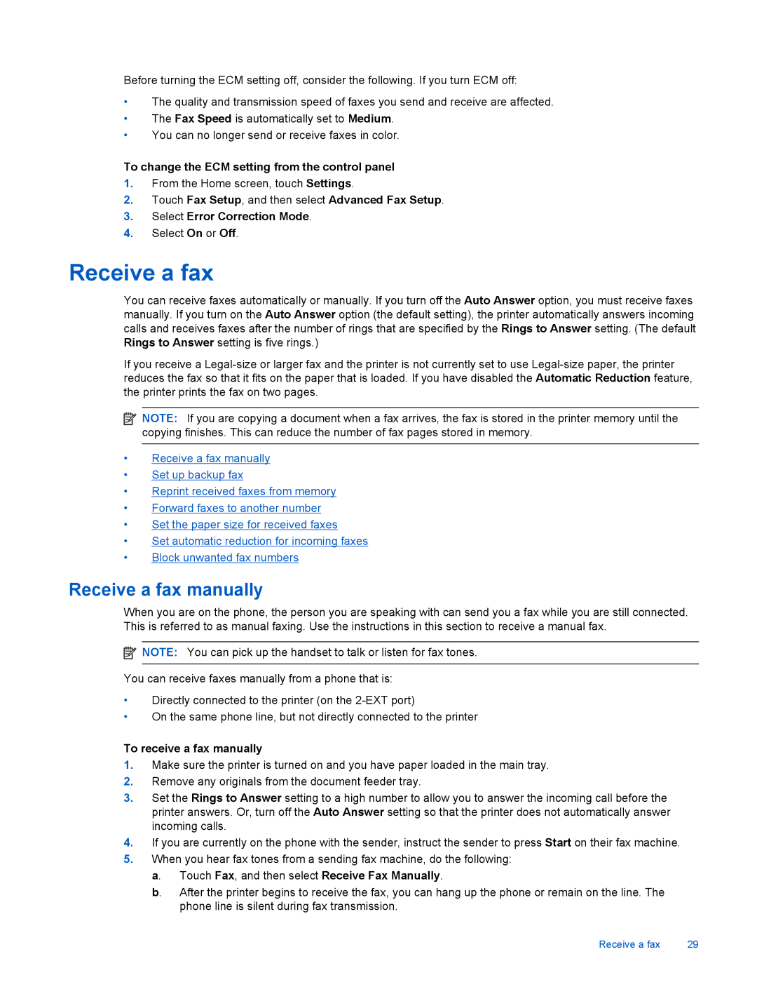 HP 7520, 7525 Receive a fax manually, To change the ECM setting from the control panel, To receive a fax manually 