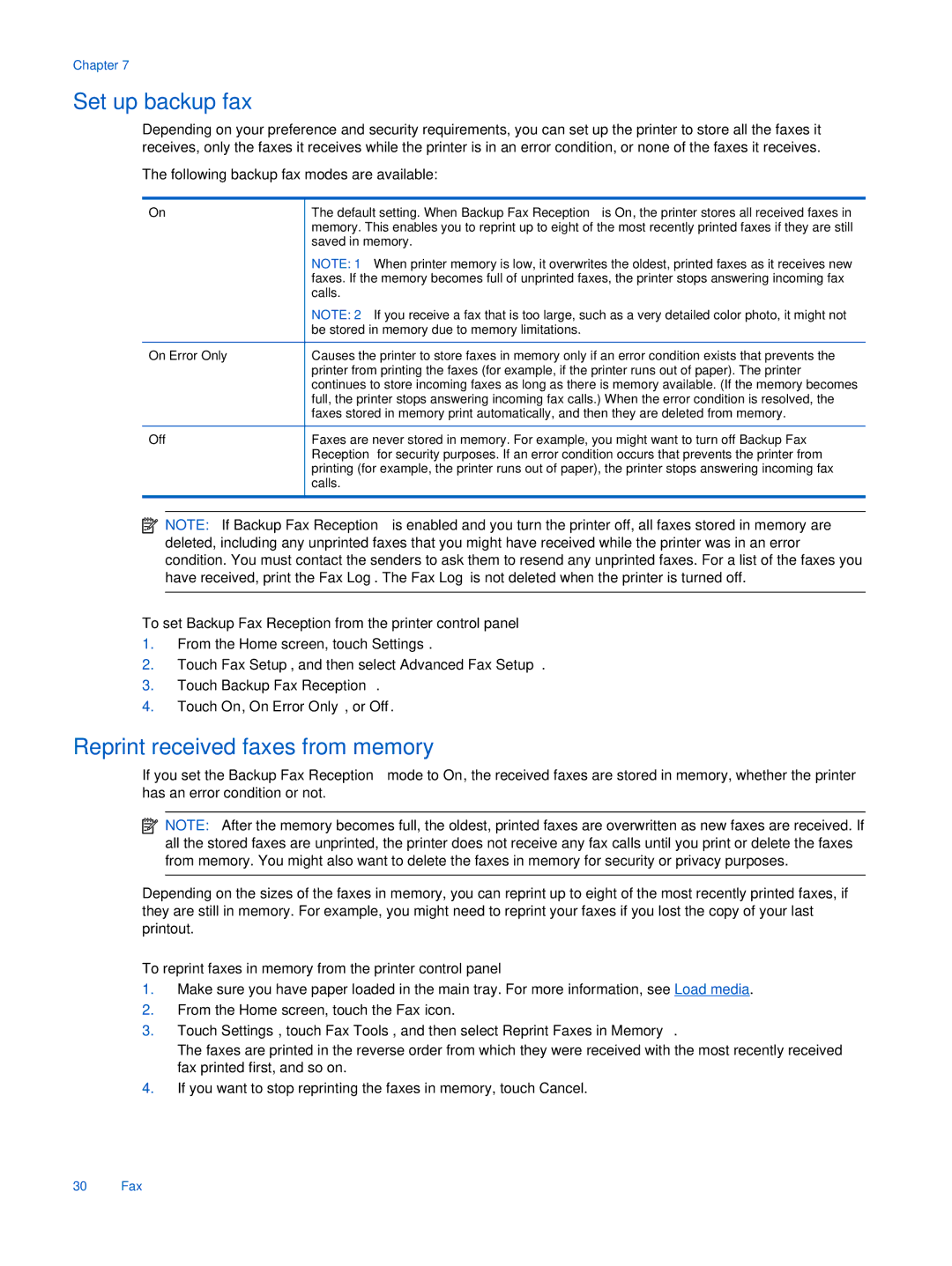 HP 7525 Set up backup fax, Reprint received faxes from memory, To set Backup Fax Reception from the printer control panel 