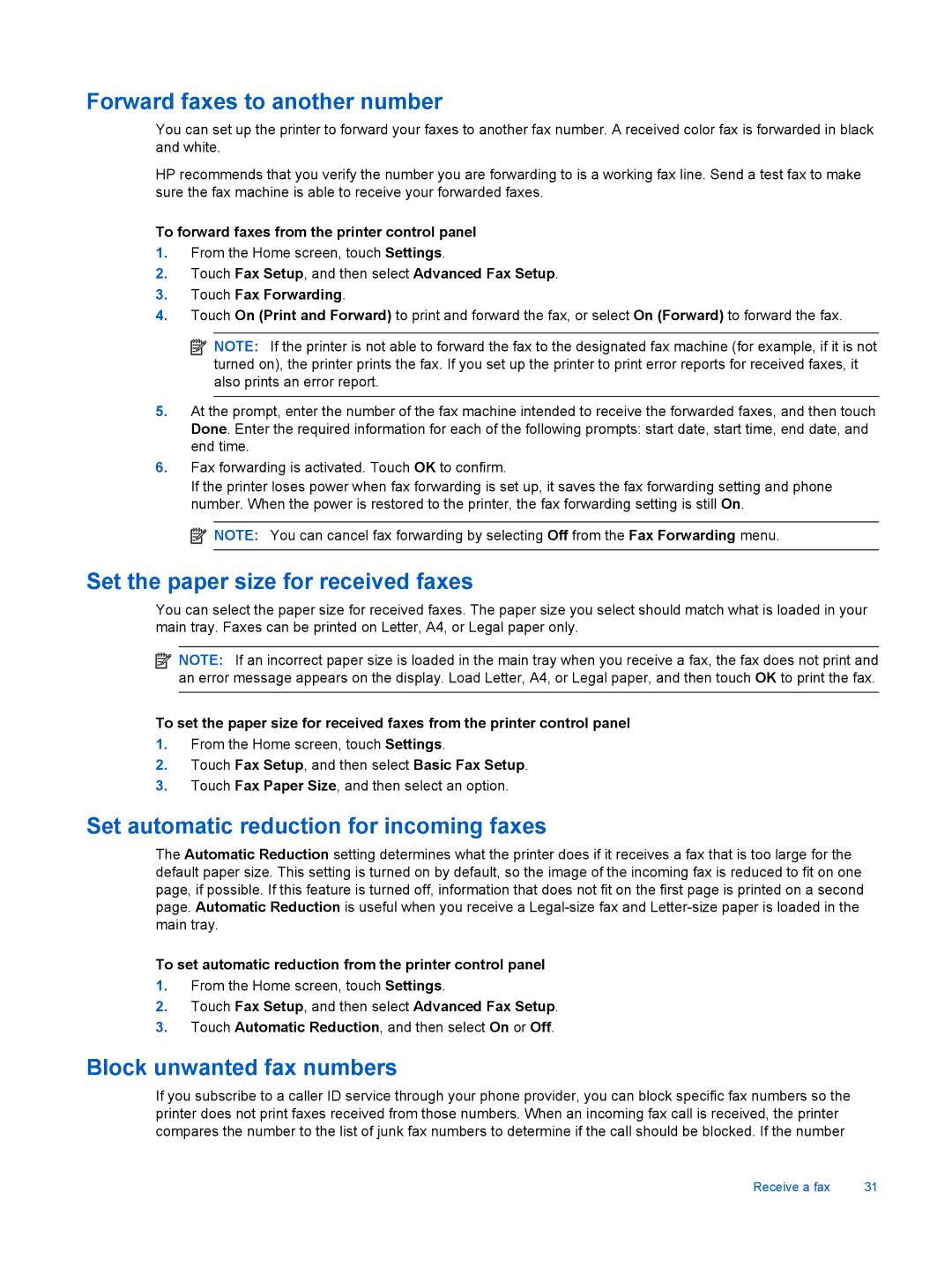 HP 7520 Forward faxes to another number, Set the paper size for received faxes, Set automatic reduction for incoming faxes 