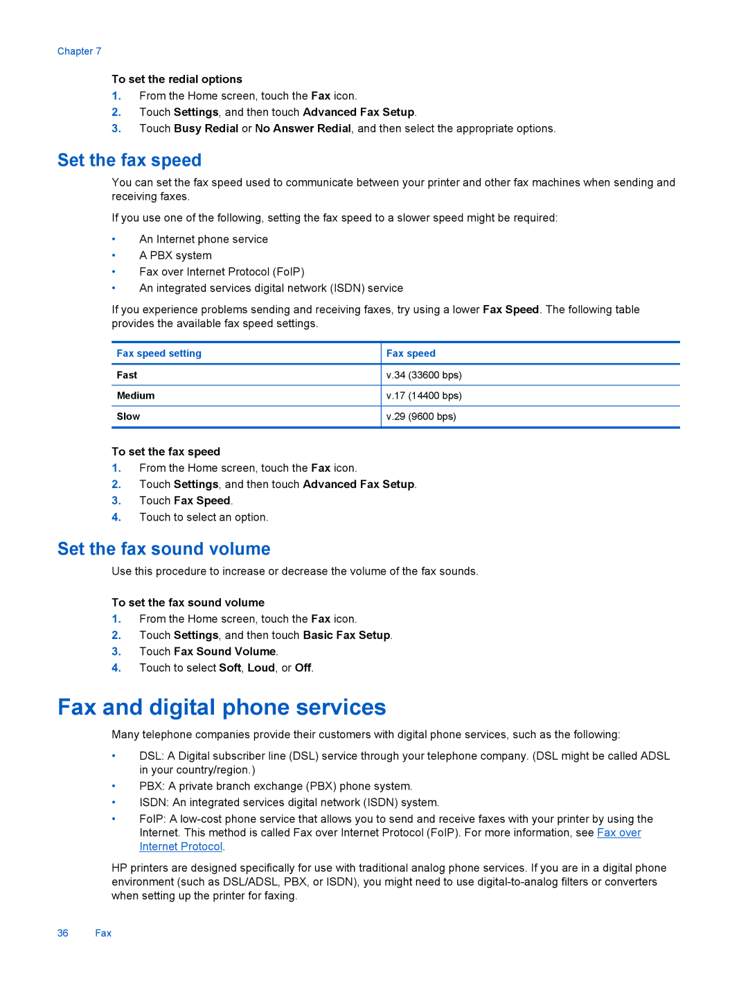 HP 7525, 7520 manual Fax and digital phone services, Set the fax speed, Set the fax sound volume 