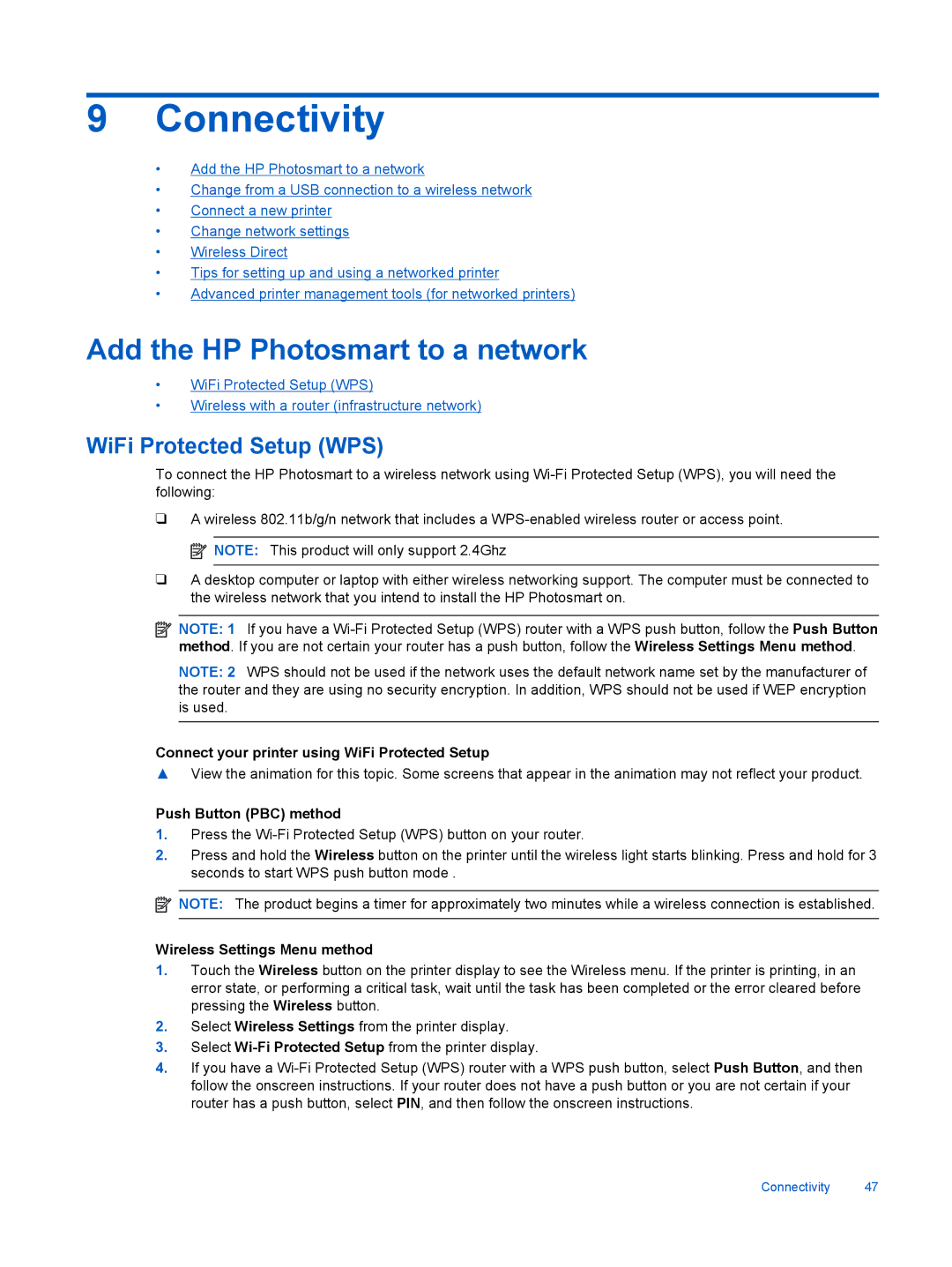 HP 7520, 7525 manual Connectivity, Add the HP Photosmart to a network, WiFi Protected Setup WPS 