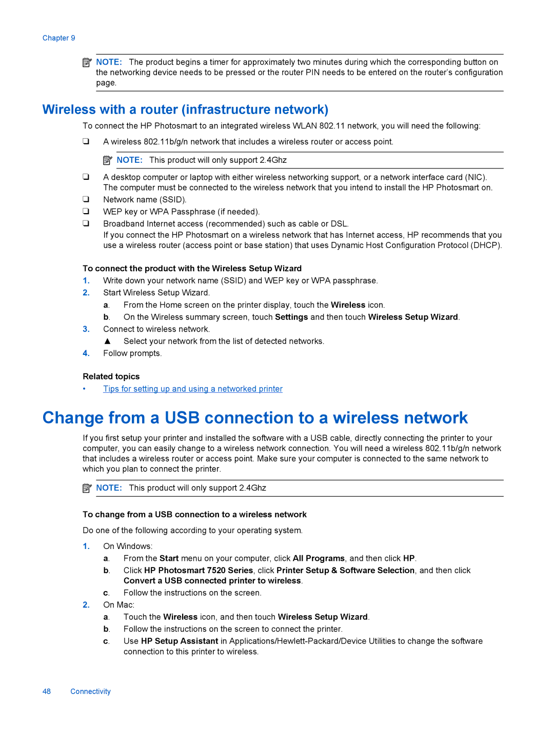 HP 7525, 7520 manual Change from a USB connection to a wireless network, Wireless with a router infrastructure network 