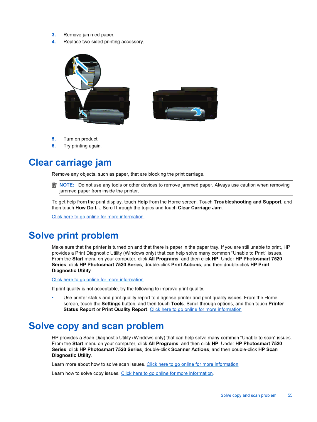 HP 7520, 7525 manual Clear carriage jam, Solve print problem, Solve copy and scan problem 