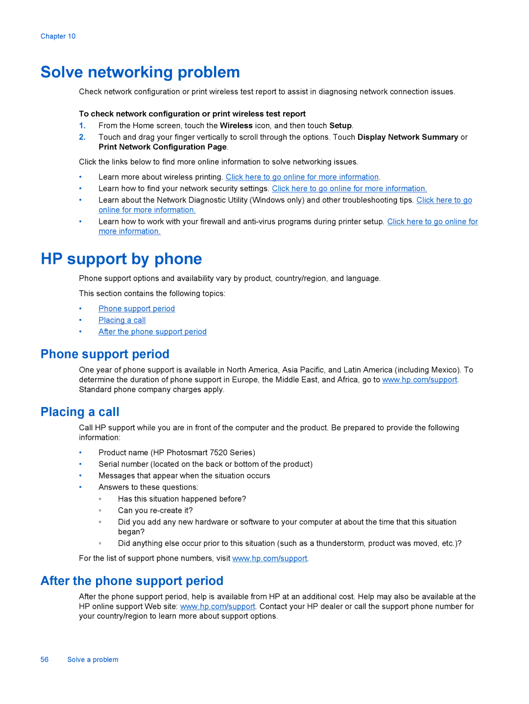 HP 7525 Solve networking problem, HP support by phone, Phone support period Placing a call, After the phone support period 