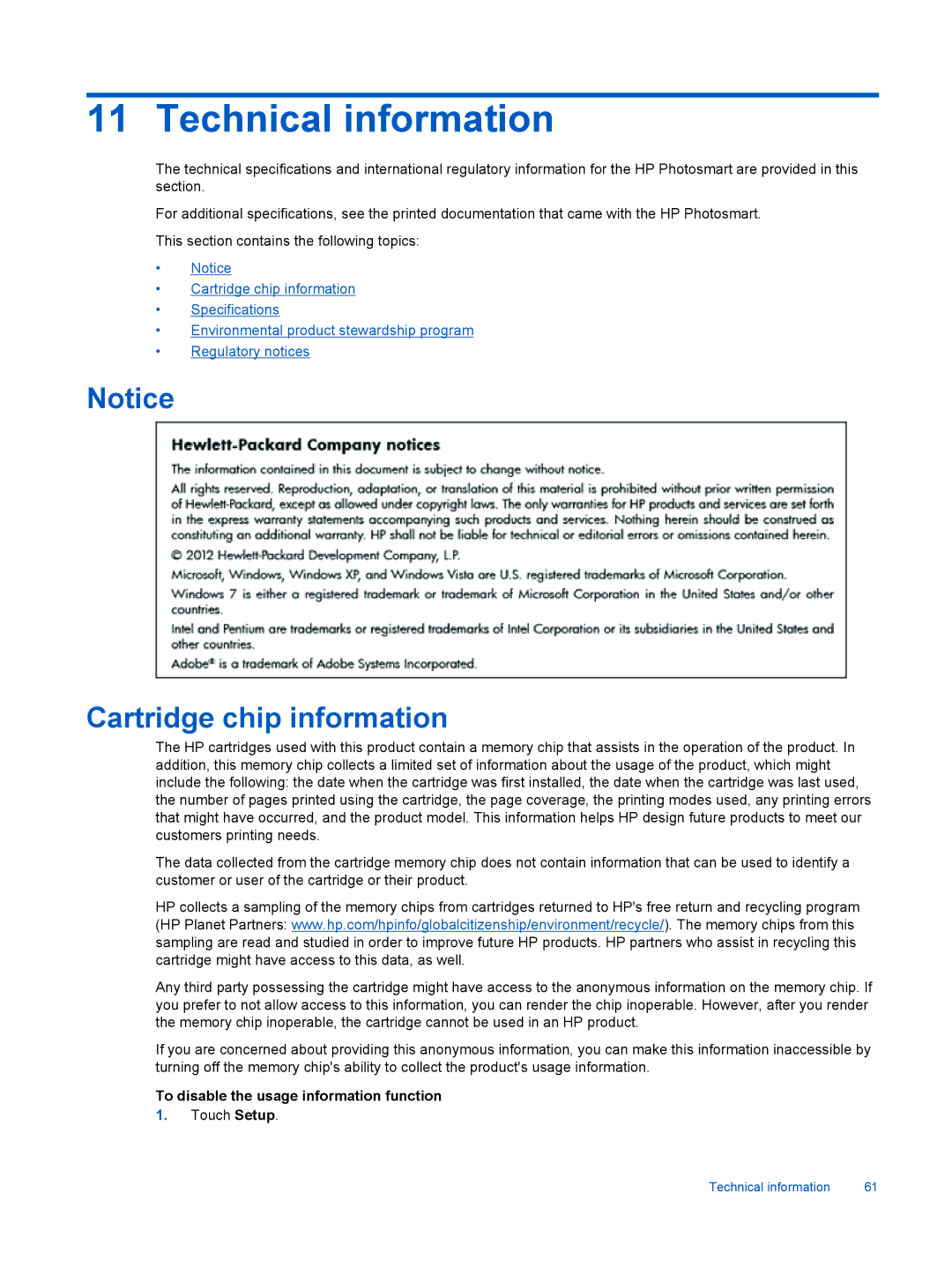 HP 7520, 7525 manual Technical information, Cartridge chip information, To disable the usage information function 