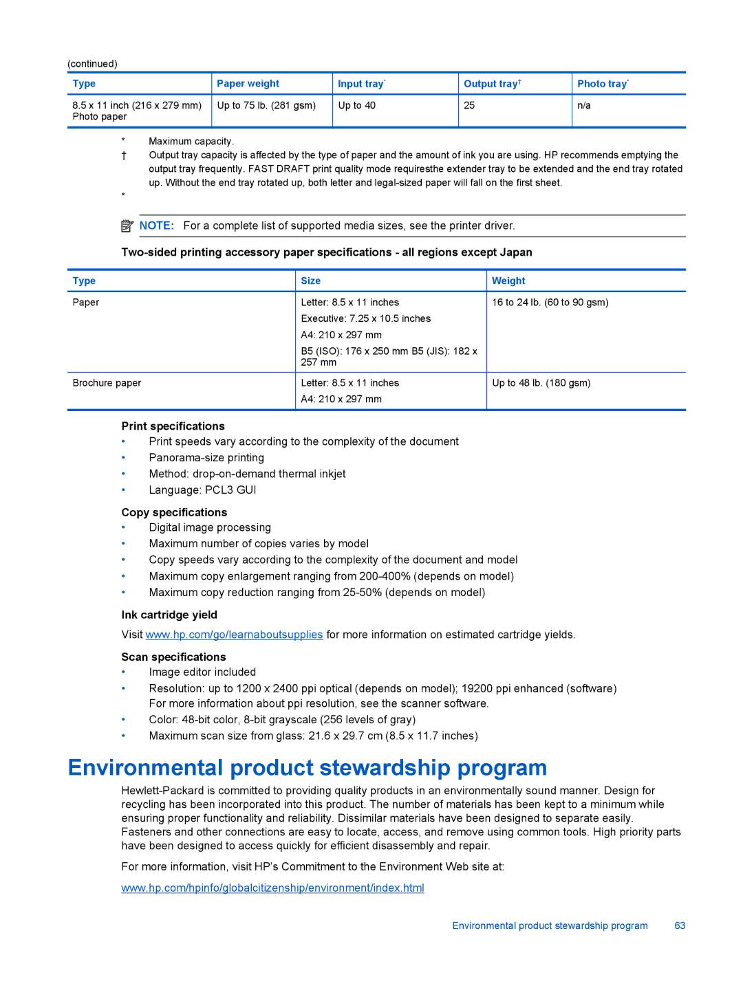 HP 7520, 7525 manual Environmental product stewardship program, Print specifications, Copy specifications 