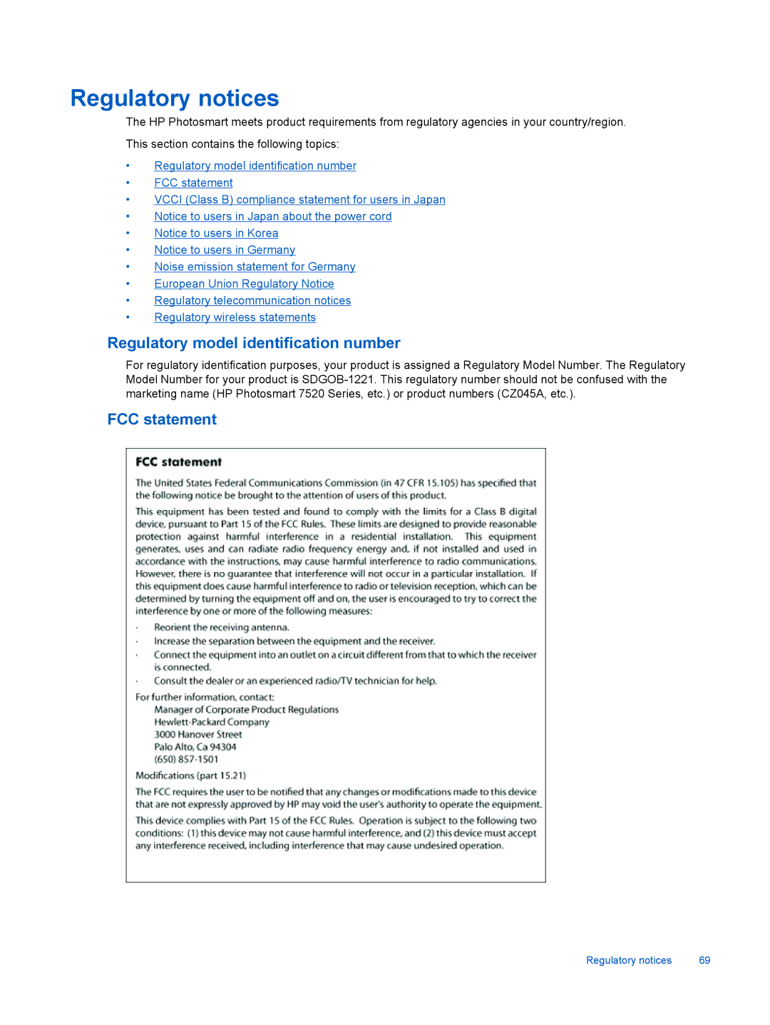 HP 7520, 7525 manual Regulatory notices, Regulatory model identification number, FCC statement 