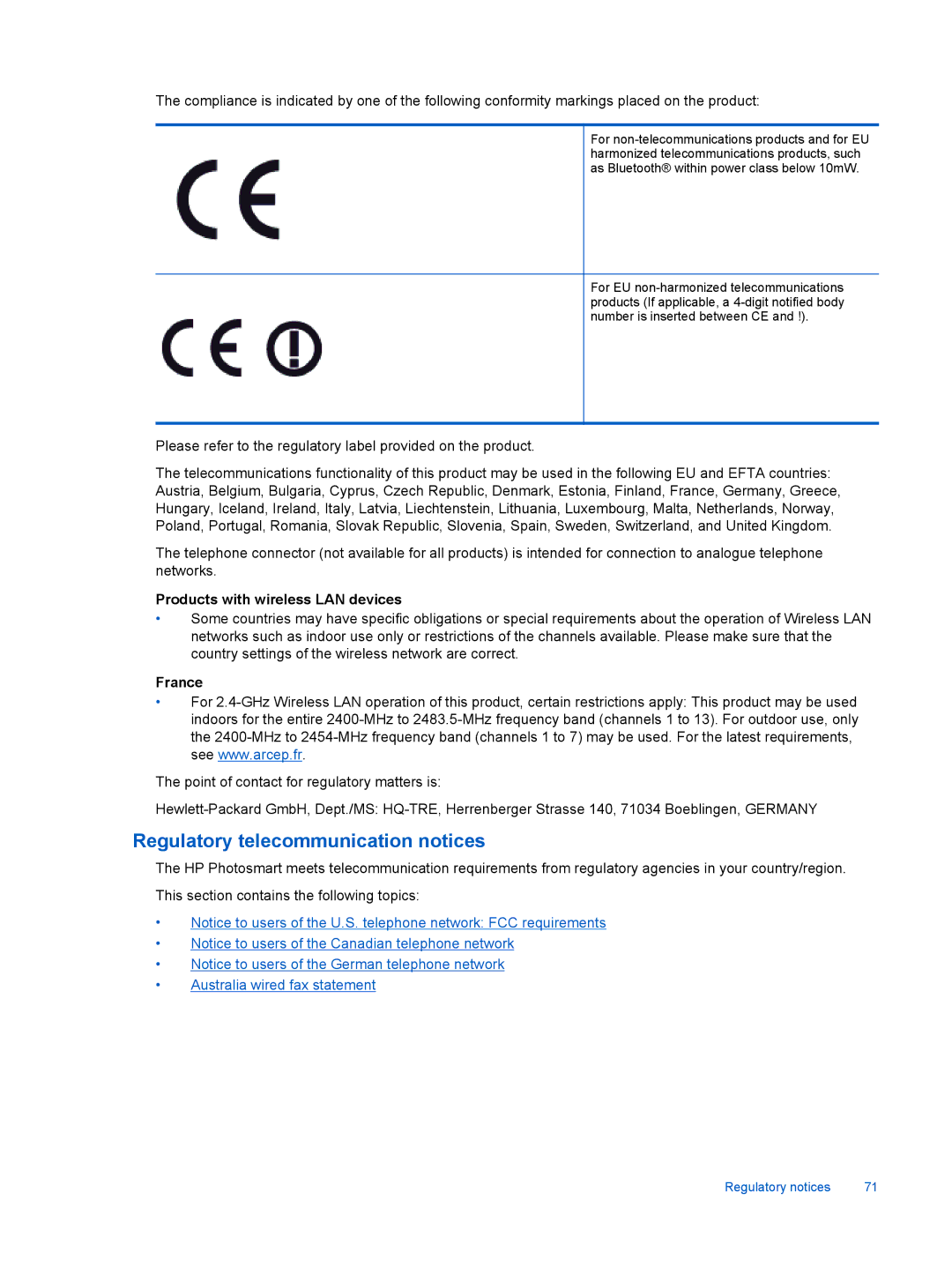 HP 7520, 7525 manual Regulatory telecommunication notices, Products with wireless LAN devices, France 