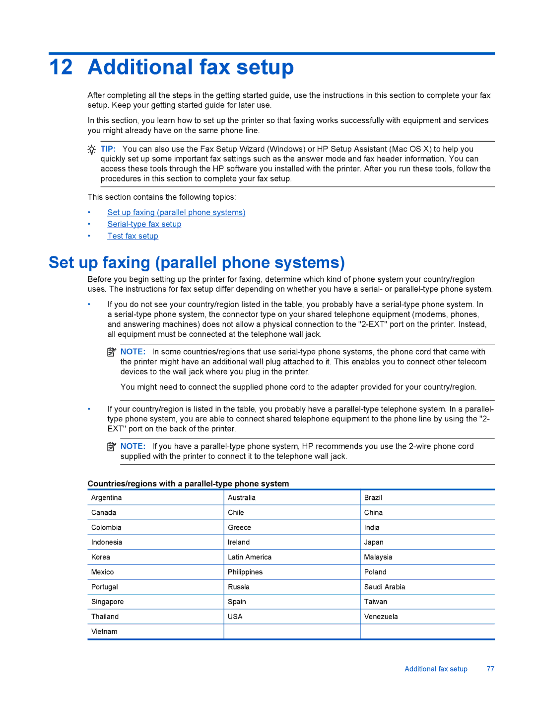 HP 7520 Additional fax setup, Set up faxing parallel phone systems, Countries/regions with a parallel-type phone system 