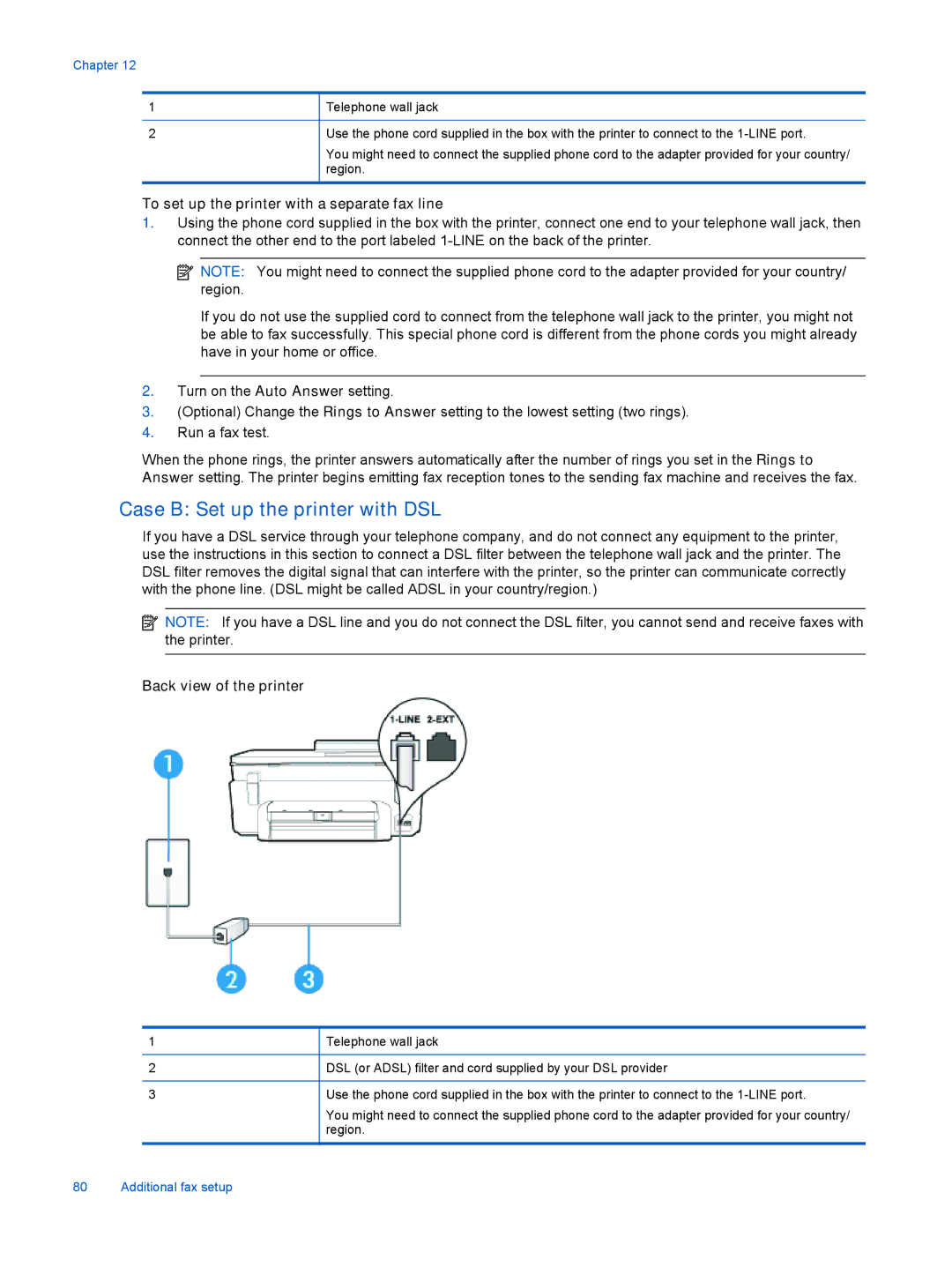 HP 7525, 7520 manual Case B Set up the printer with DSL, To set up the printer with a separate fax line 