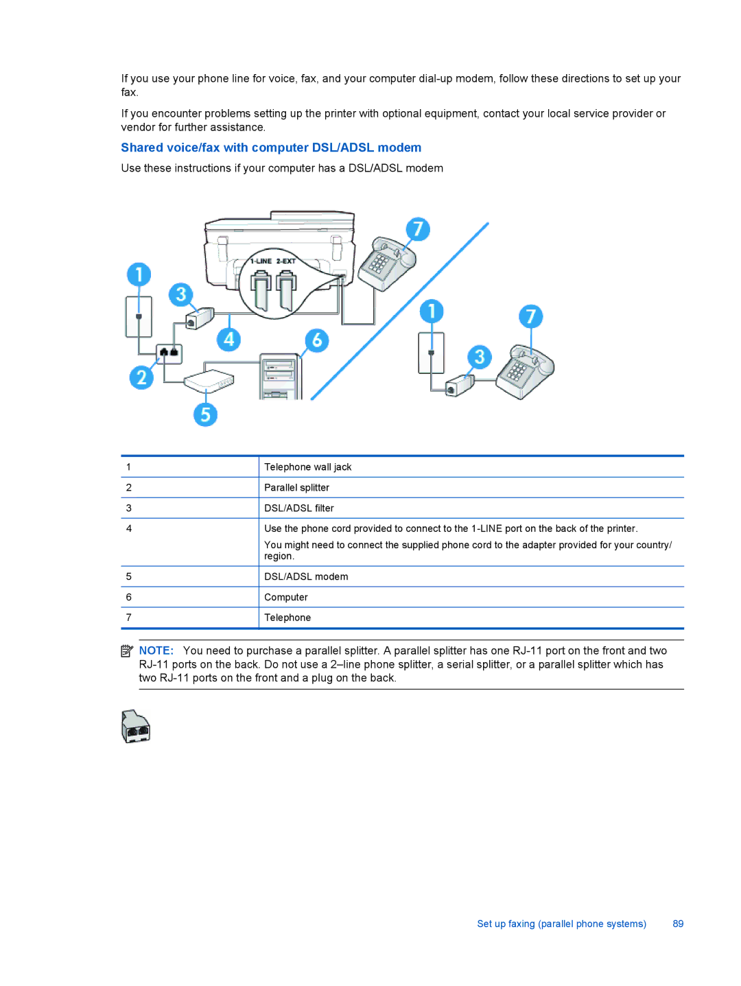 HP 7520, 7525 manual Shared voice/fax with computer DSL/ADSL modem 