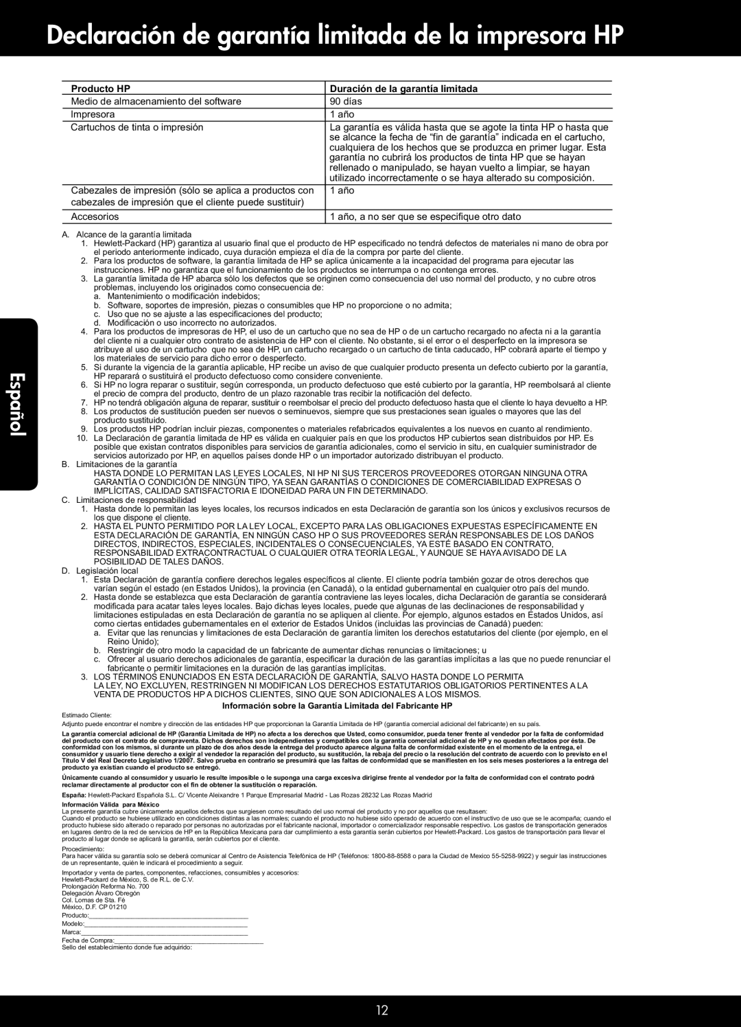 HP 7525, 7520 manual Declaración de garantía limitada de la impresora HP, Producto HP Duración de la garantía limitada 